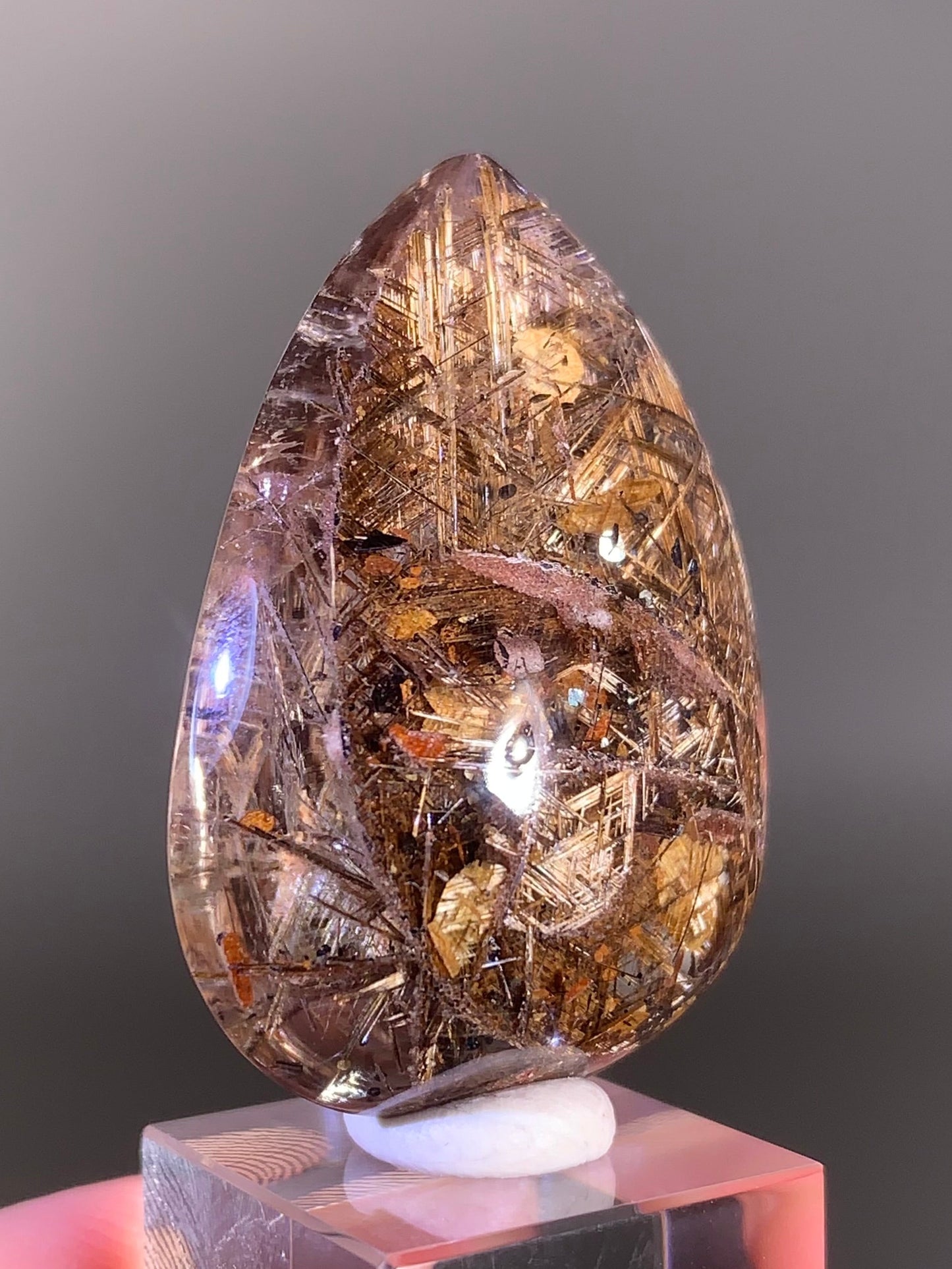 Rare Lattice Gold Rutile with Gold Mica, Shiny Hematite & Pink Garden Quartz Polished Teardrop — Brazil