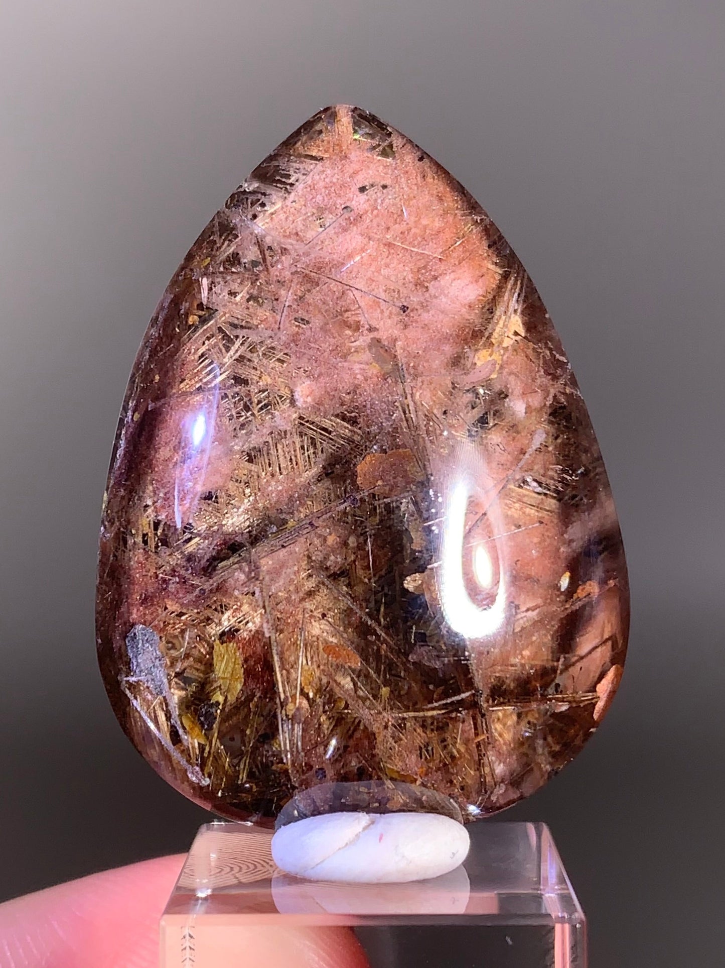 Rare Lattice Gold Rutile with Gold Mica, Shiny Hematite & Pink Garden Quartz Polished Teardrop — Brazil