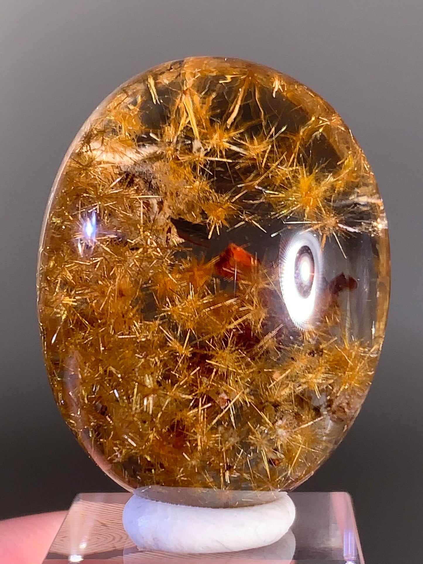 Collector’s Piece Gold Flower Rutile with Calcite Polished Cabochon — Brazil
