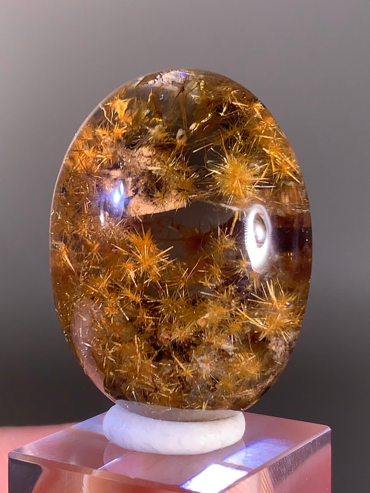 Collector’s Piece Gold Flower Rutile with Calcite Polished Cabochon — Brazil