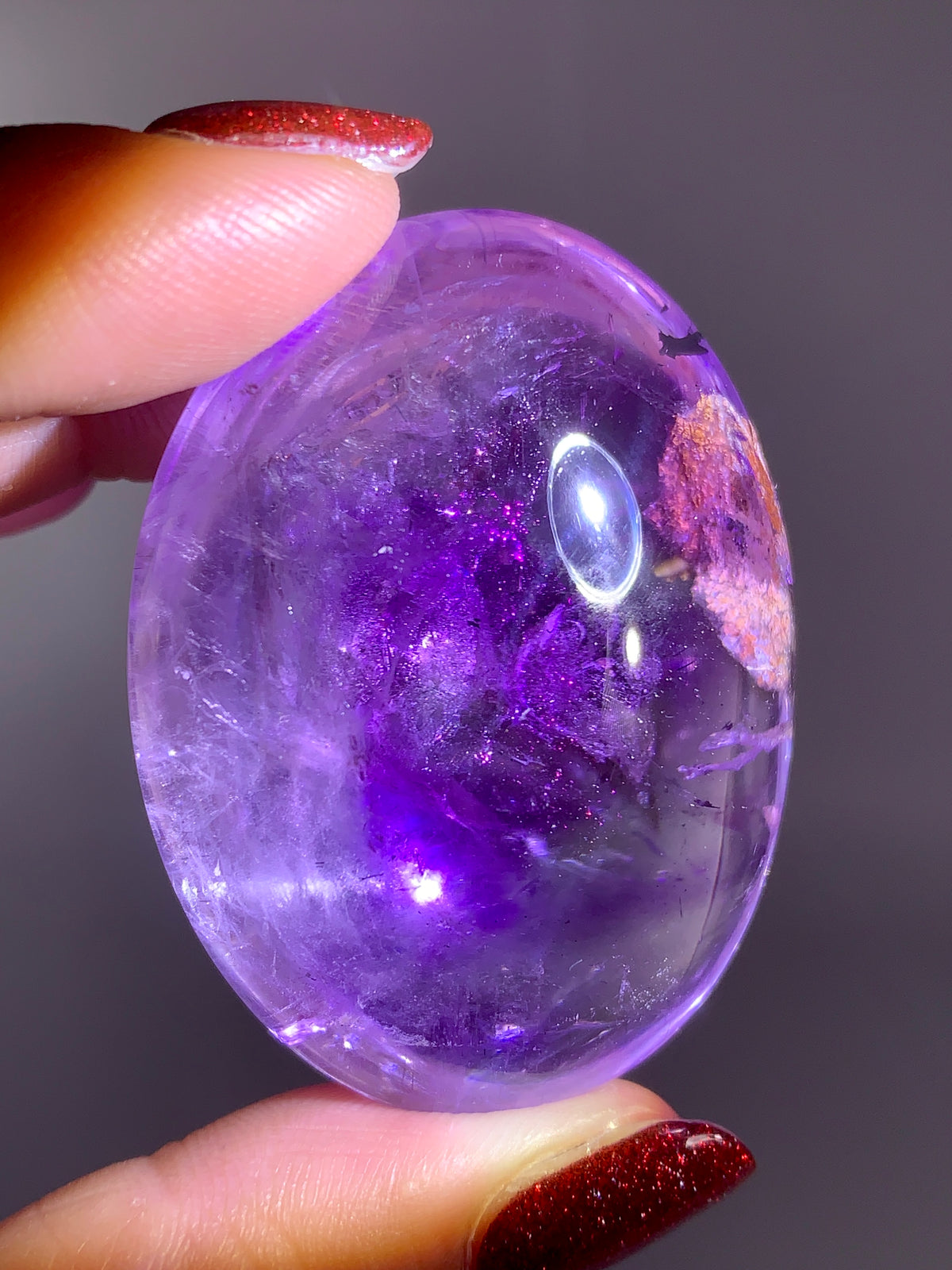 Collector’s Piece Rare Pink Fire Quartz with Covellite on Light Amethyst & Enhydro Bubble Inclusion | Brazilian Palm Stone