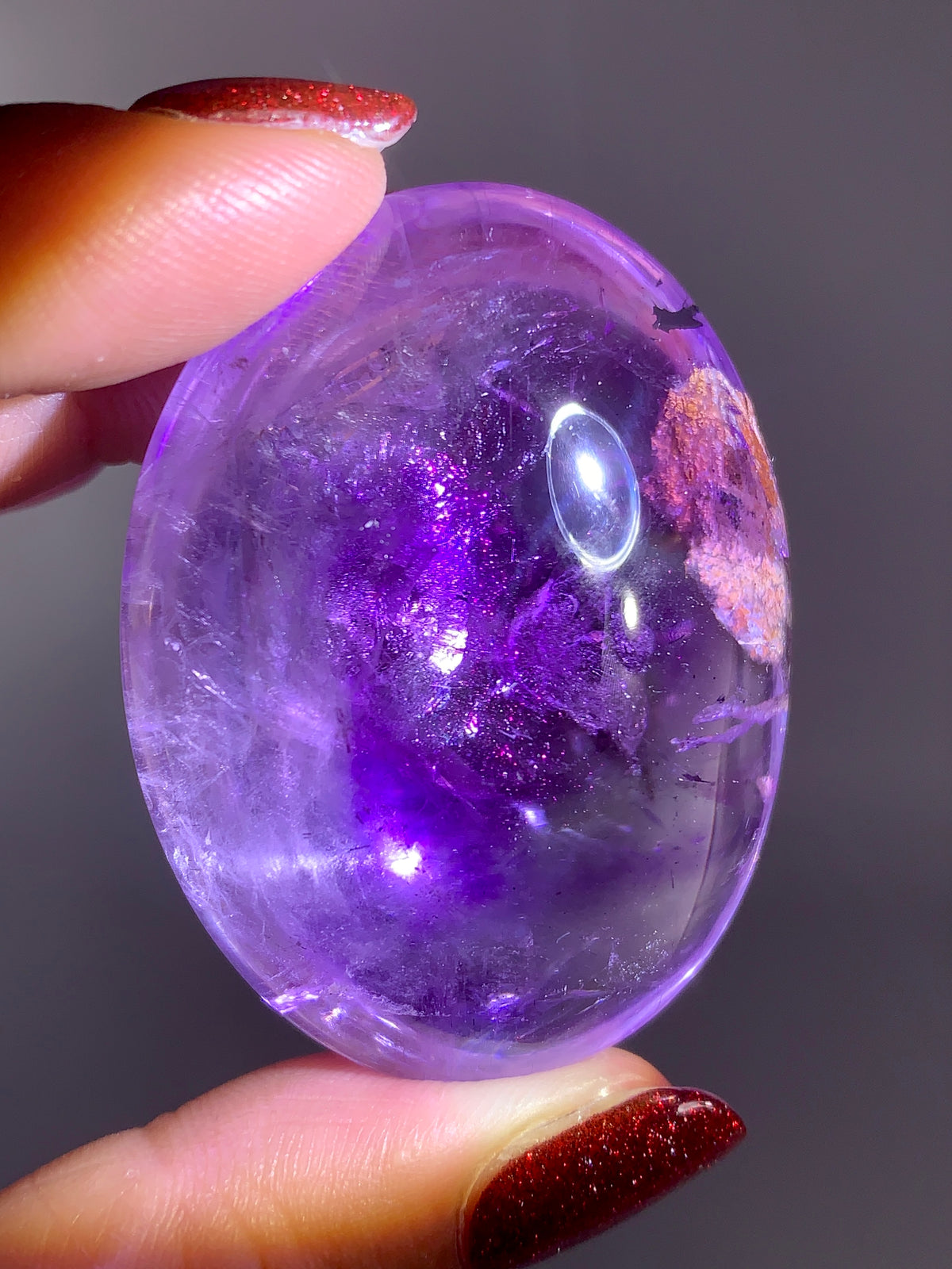 Collector’s Piece Rare Pink Fire Quartz with Covellite on Light Amethyst & Enhydro Bubble Inclusion | Brazilian Palm Stone
