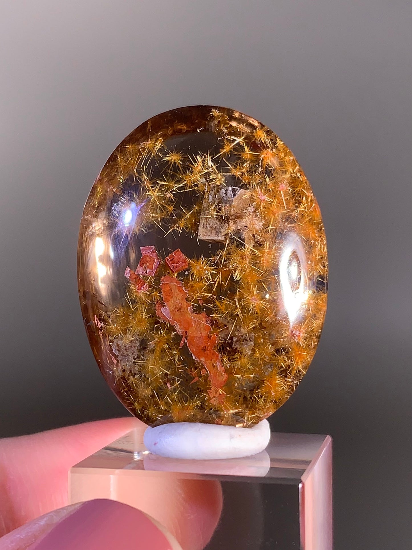 Collector’s Piece Gold Flower Rutile with Calcite Polished Cabochon — Brazil