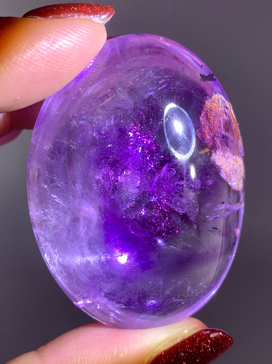 Collector’s Piece Rare Pink Fire Quartz with Covellite on Light Amethyst & Enhydro Bubble Inclusion | Brazilian Palm Stone