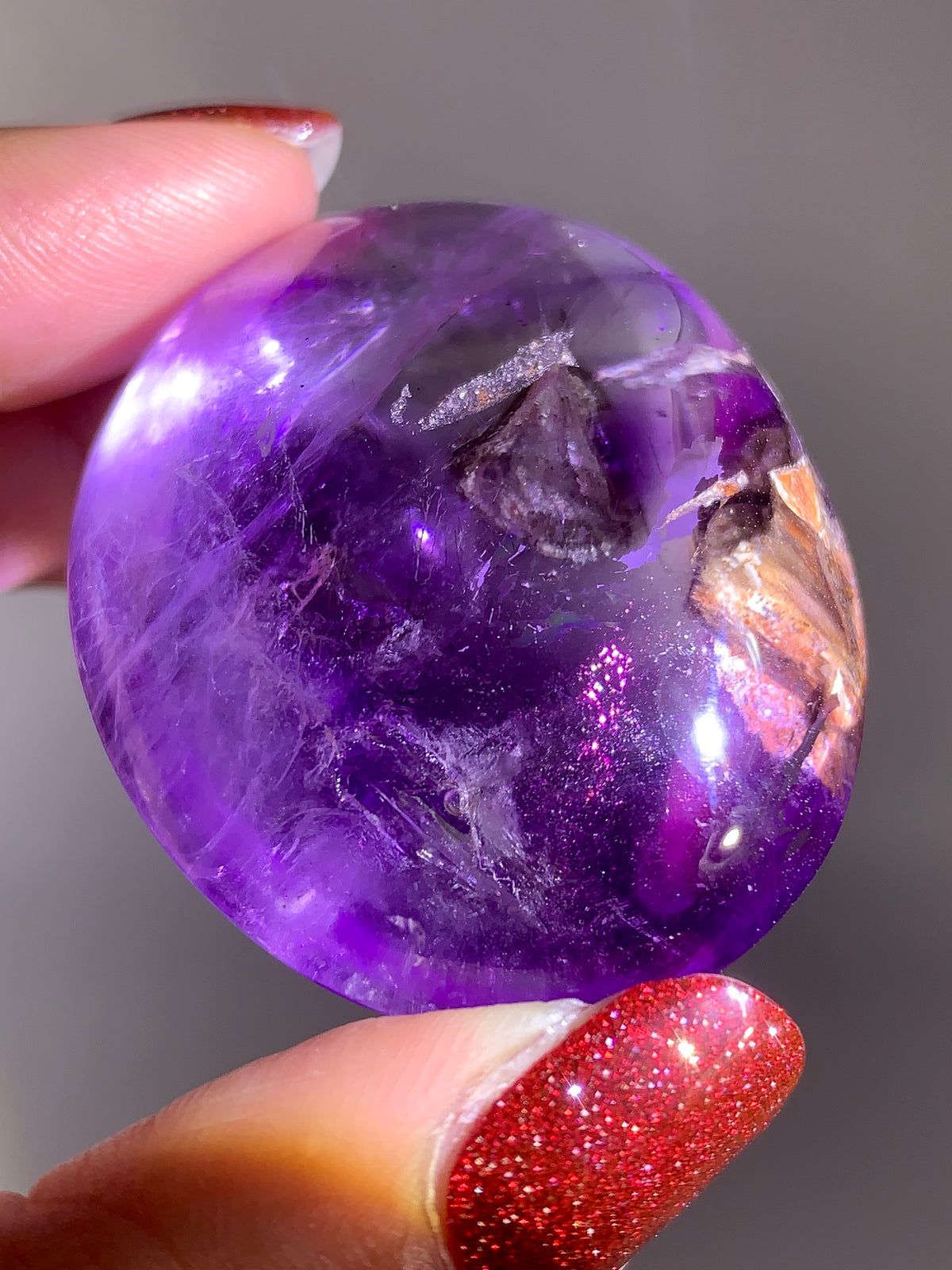 Collector’s Piece Rare Pink Fire Quartz with Covellite on Light Amethyst & Enhydro Bubble Inclusion | Brazilian Palm Stone