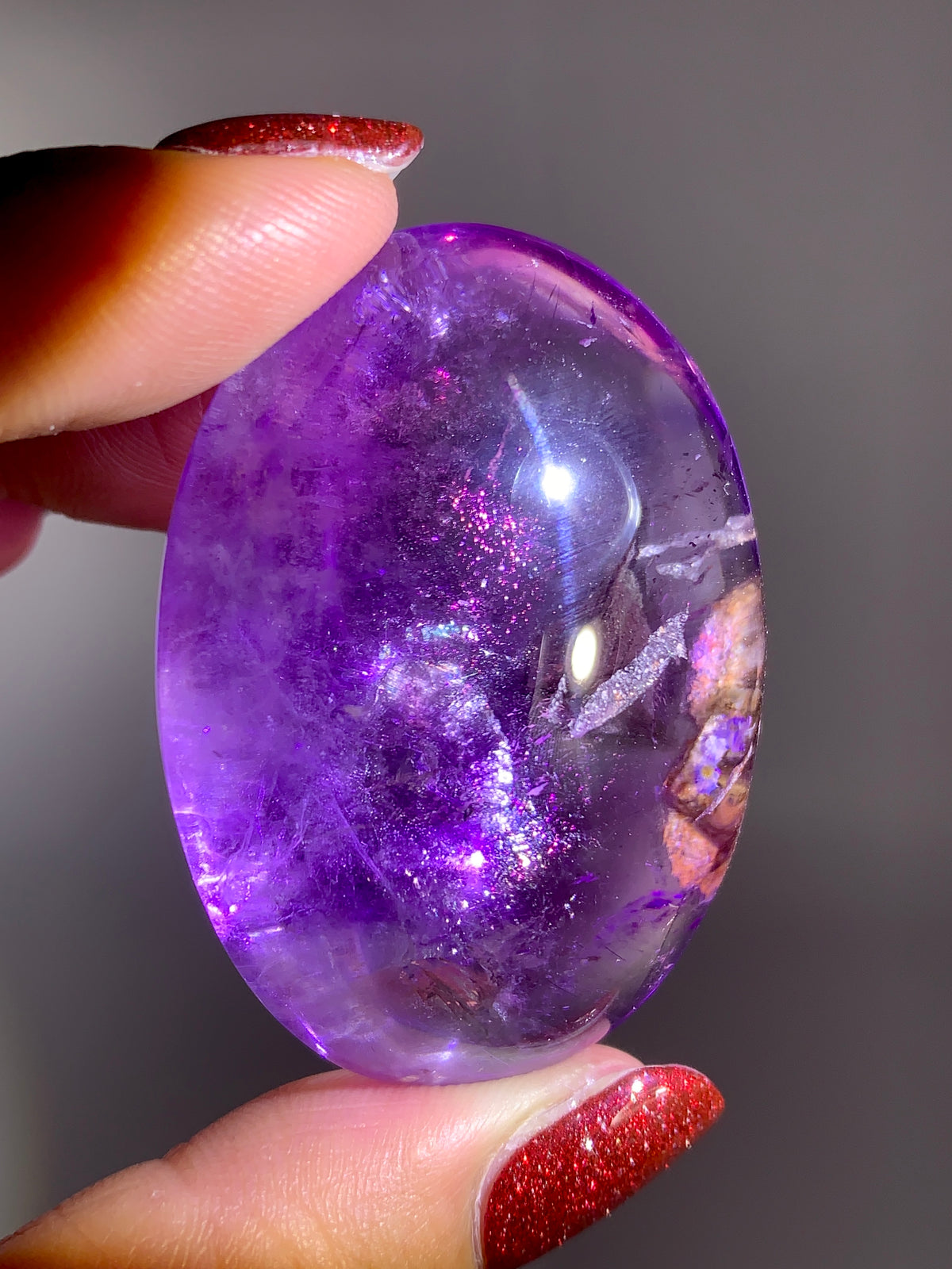 Collector’s Piece Rare Pink Fire Quartz with Covellite on Light Amethyst & Enhydro Bubble Inclusion | Brazilian Palm Stone