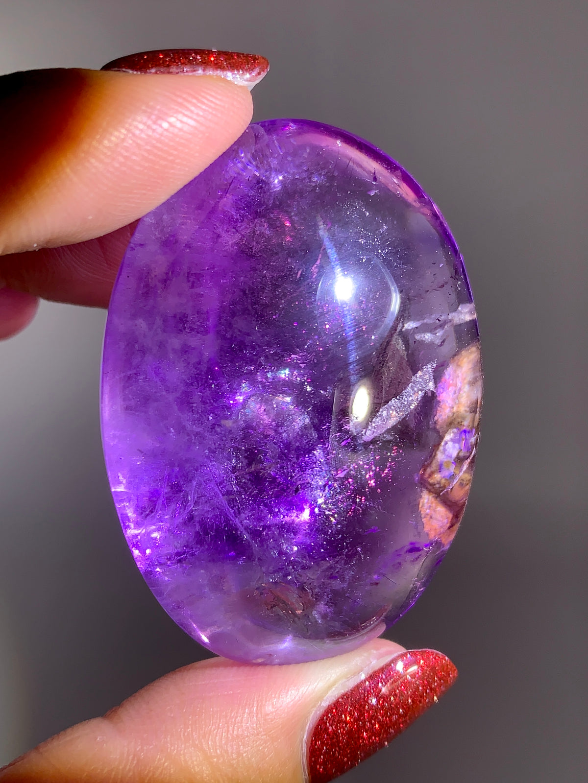 Collector’s Piece Rare Pink Fire Quartz with Covellite on Light Amethyst & Enhydro Bubble Inclusion | Brazilian Palm Stone