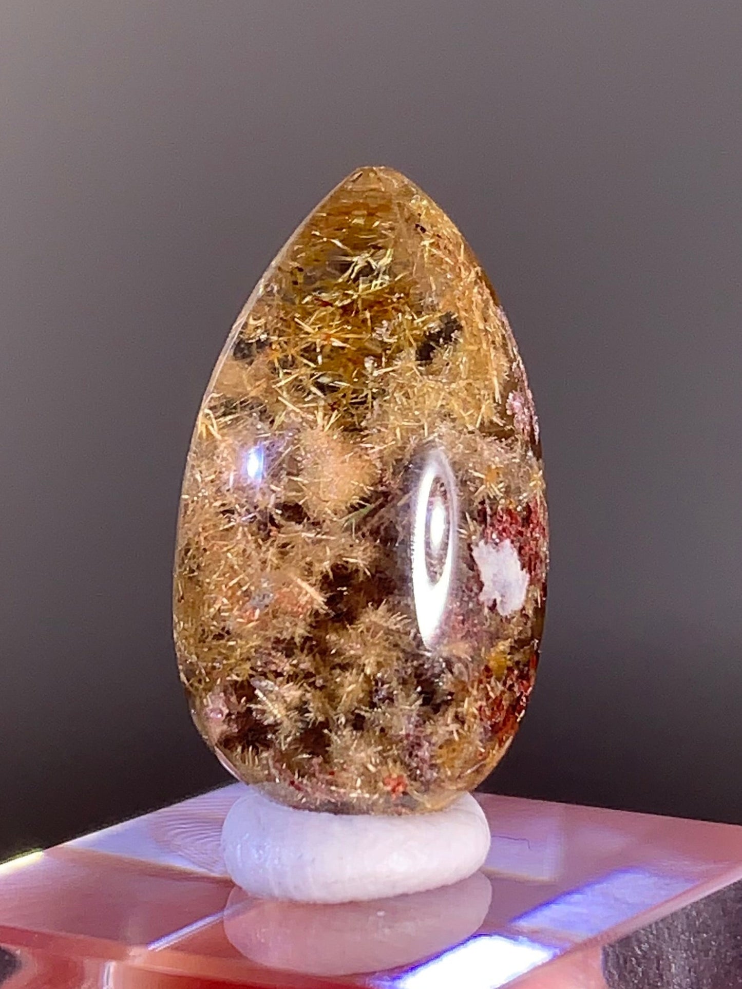 High -Quality Gold Flower Rutile with Pink and Red Garden Quartz Polished Cabochon — Brazil