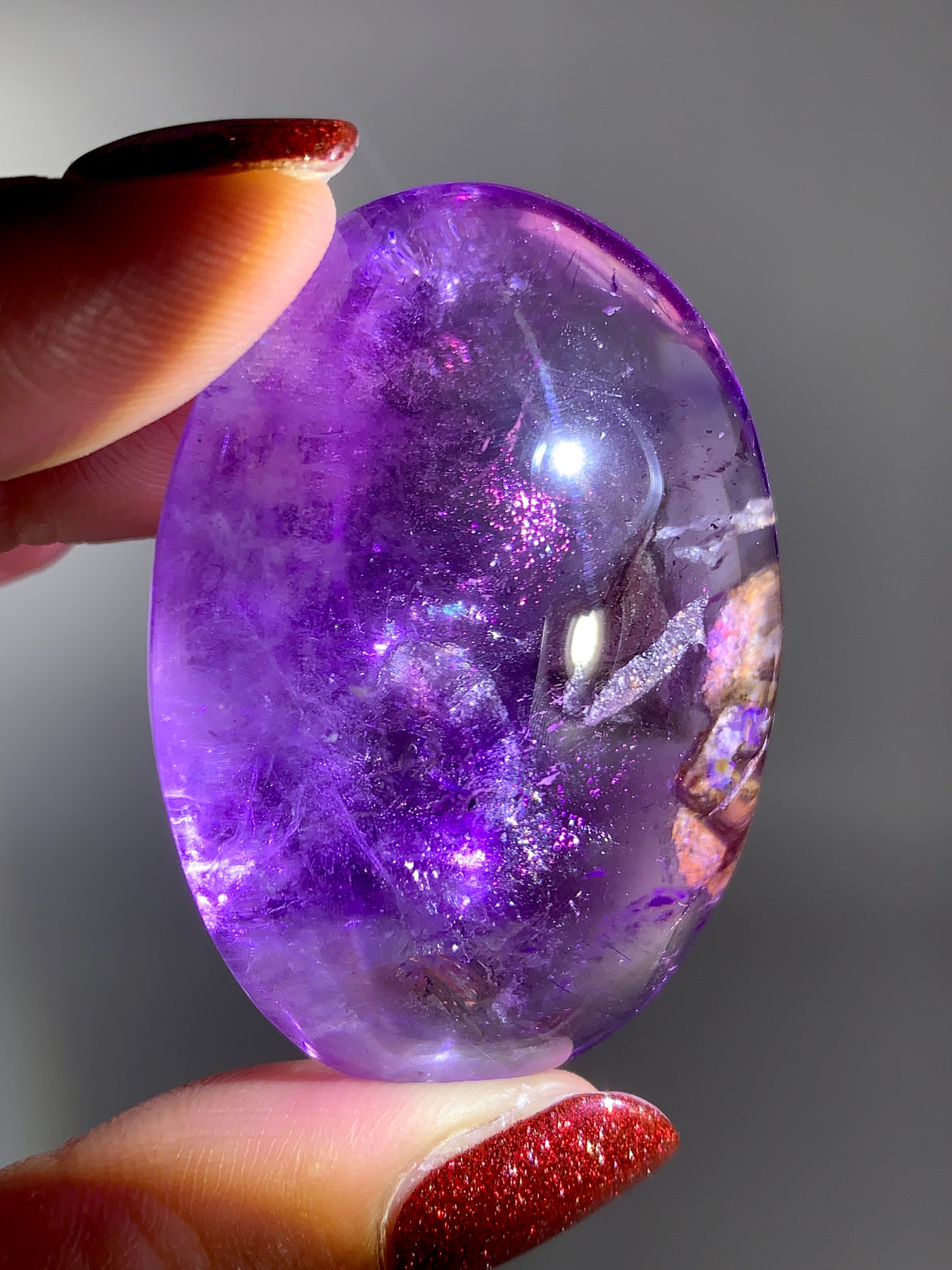 Collector’s Piece Rare Pink Fire Quartz with Covellite on Light Amethyst & Enhydro Bubble Inclusion | Brazilian Palm Stone