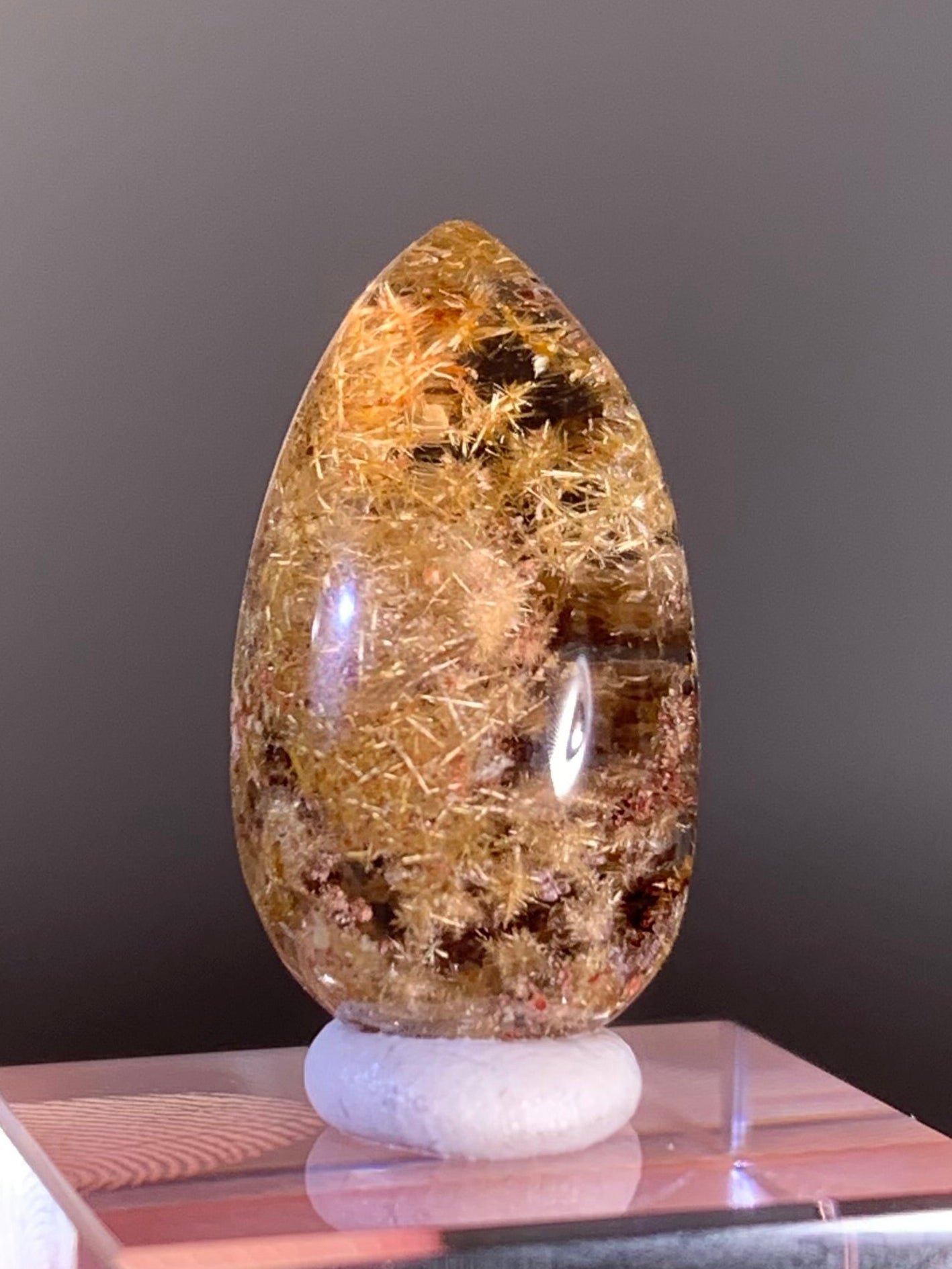 High -Quality Gold Flower Rutile with Pink and Red Garden Quartz Polished Cabochon — Brazil