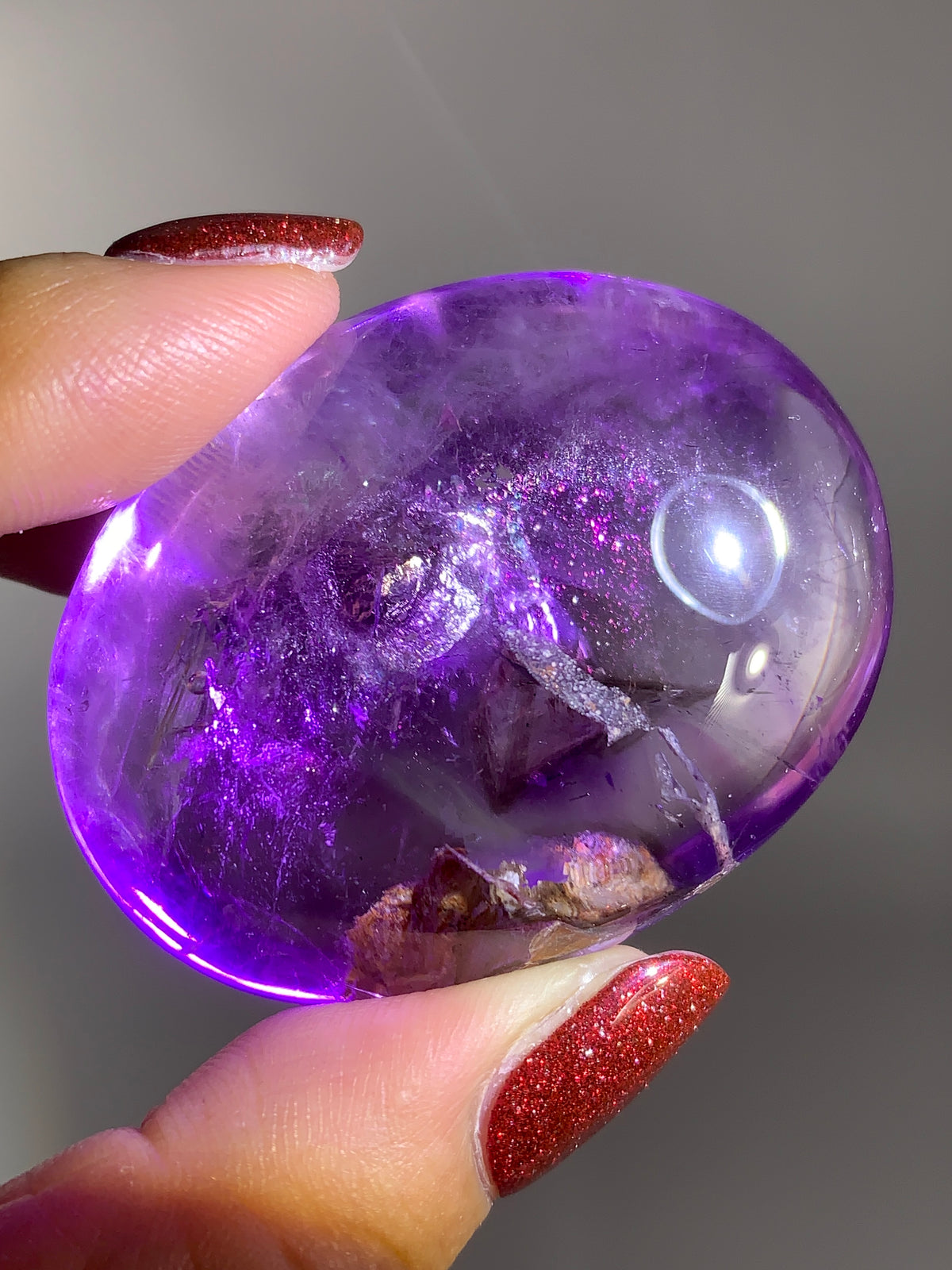 Collector’s Piece Rare Pink Fire Quartz with Covellite on Light Amethyst & Enhydro Bubble Inclusion | Brazilian Palm Stone