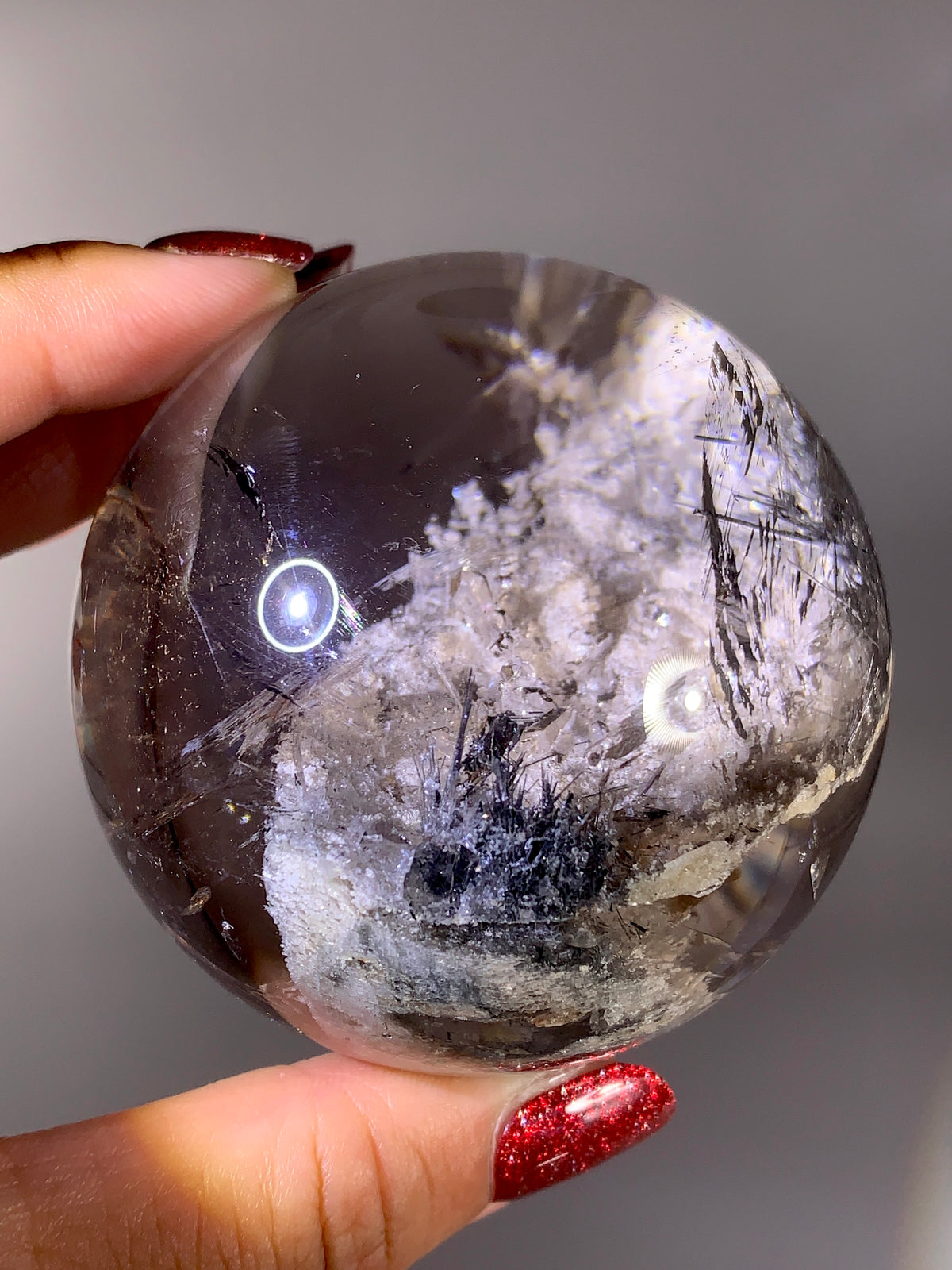 Collector’s Piece Large Quartz-in-Quartz Sphere with White Garden Inclusions & Silver Rutile | Brazilian Natural Quartz