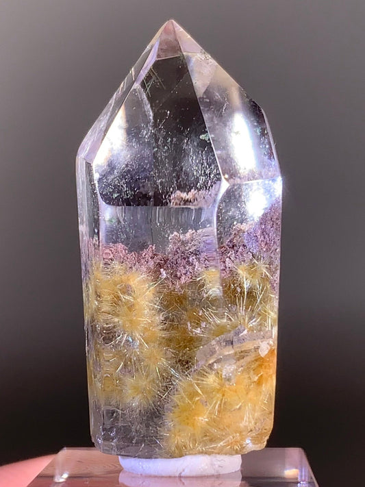 High-Quality Gold Rutile Flower with Pink & Purple Garden Quartz Polished Tower — Brazil