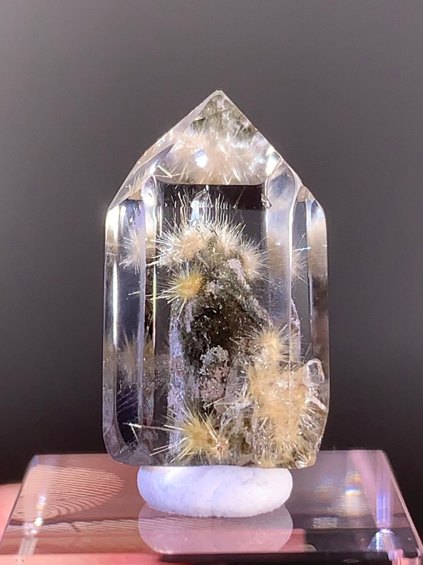 Collector’s Grade Gold Rutile with Green & Pink Garden Quartz Polished Tower — Brazil