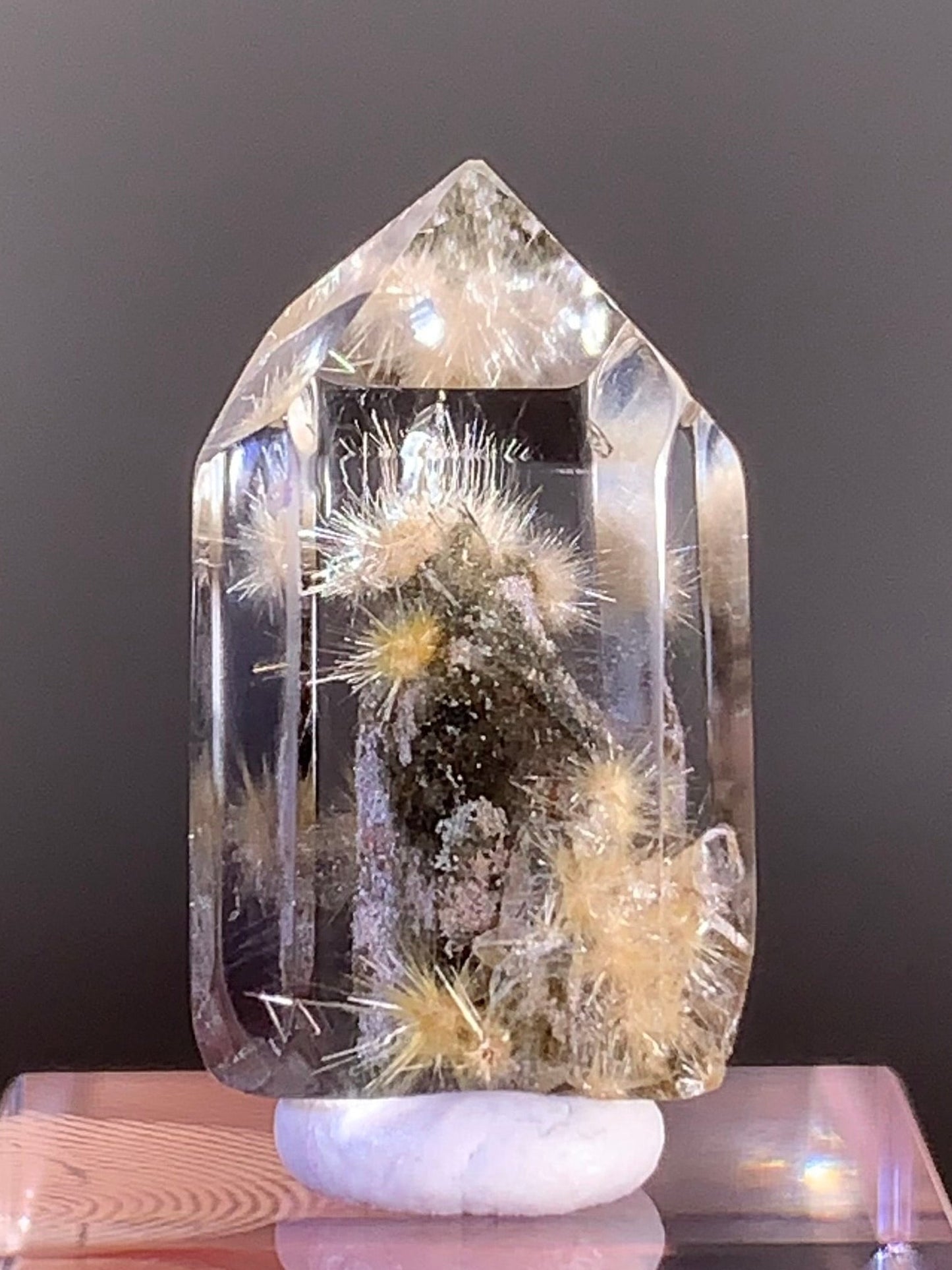 Collector’s Grade Gold Rutile with Green & Pink Garden Quartz Polished Tower — Brazil