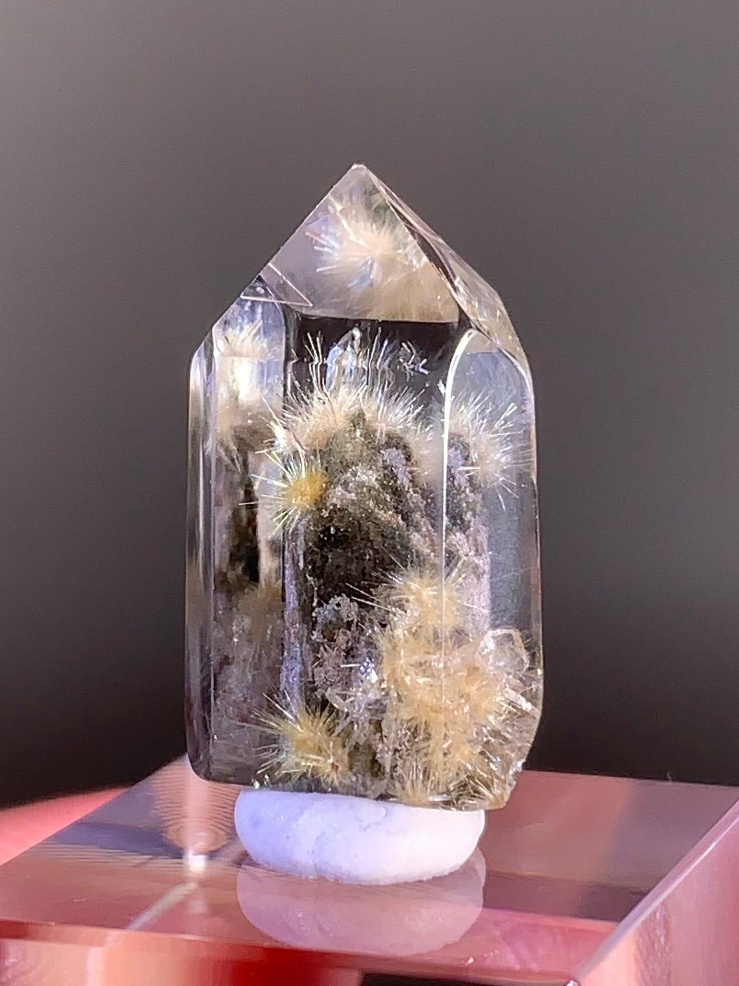 Collector’s Grade Gold Rutile with Green & Pink Garden Quartz Polished Tower — Brazil