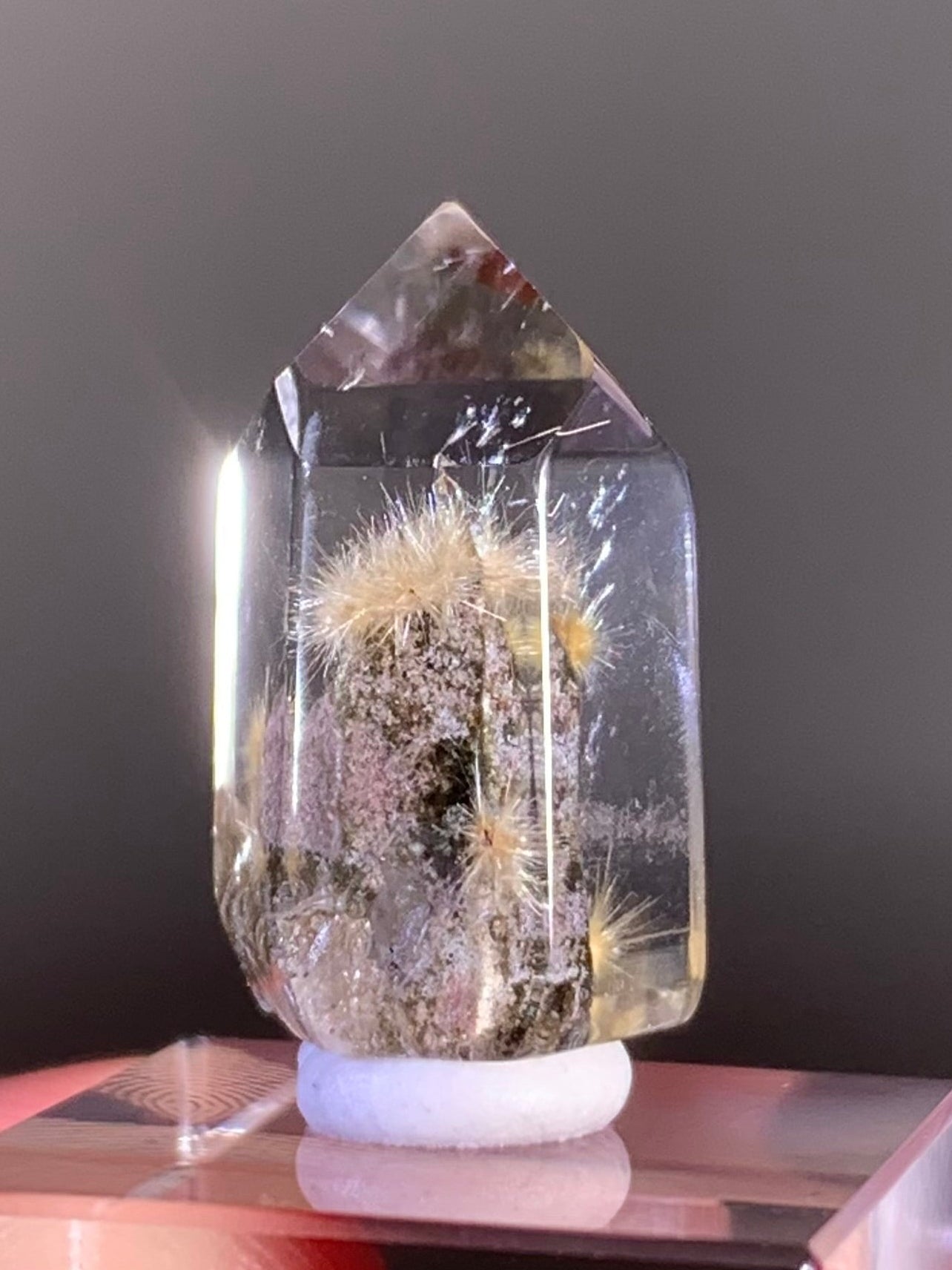 Collector’s Grade Gold Rutile with Green & Pink Garden Quartz Polished Tower — Brazil