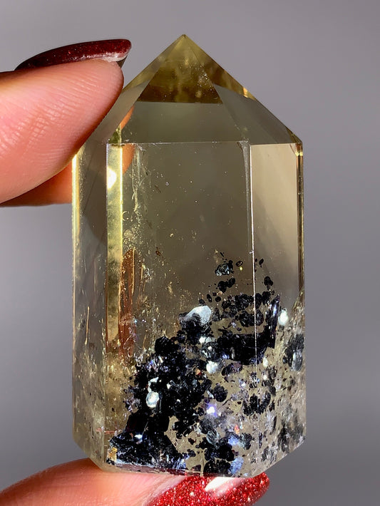 Collector’s Piece Rare Natural Citrine Tower with Phantom, Sparkling Black Hematite & Natural Rainbow Inclusions | Brazilian Quartz