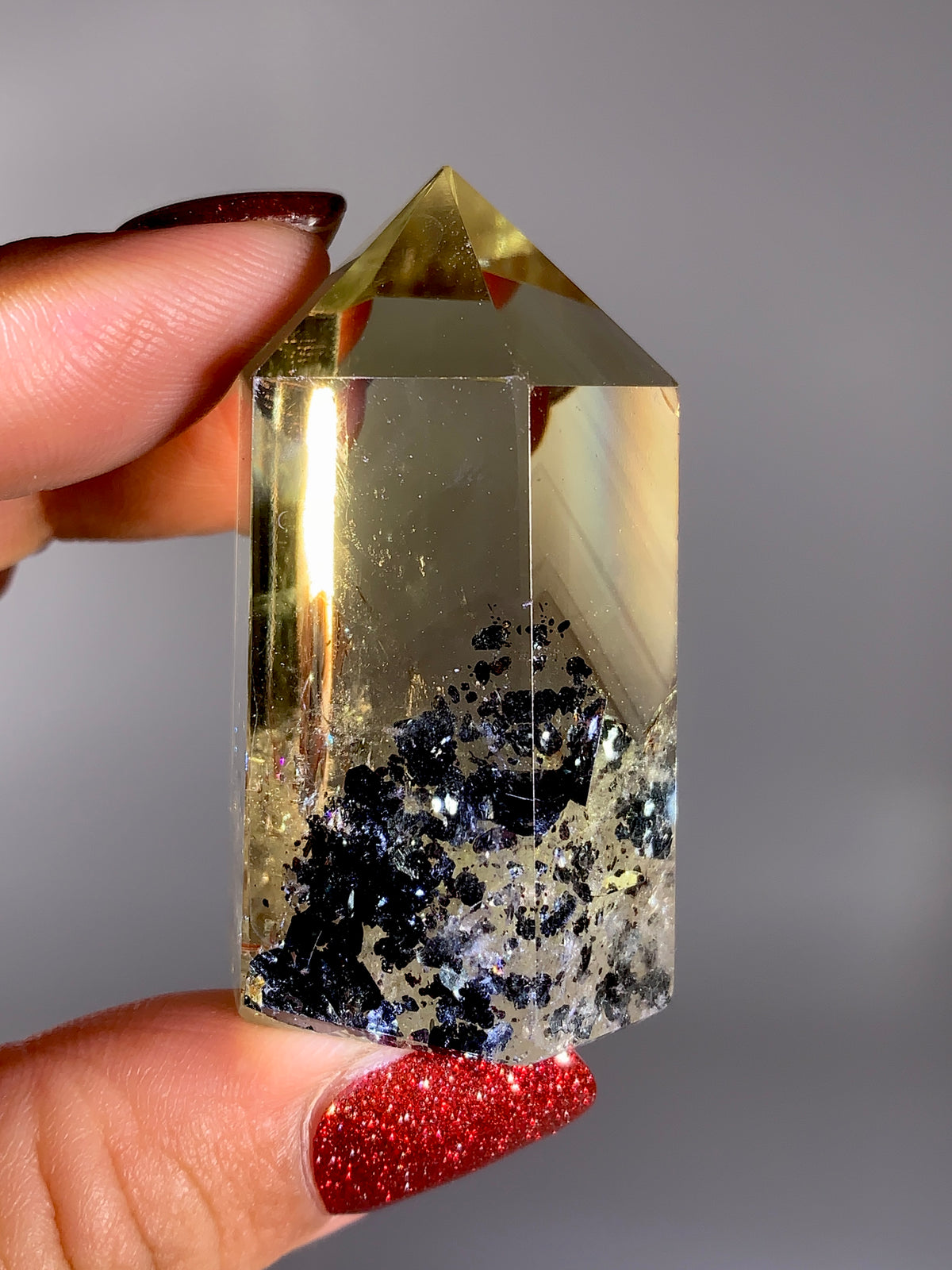 Collector’s Piece Rare Natural Citrine Tower with Phantom, Sparkling Black Hematite & Natural Rainbow Inclusions | Brazilian Quartz