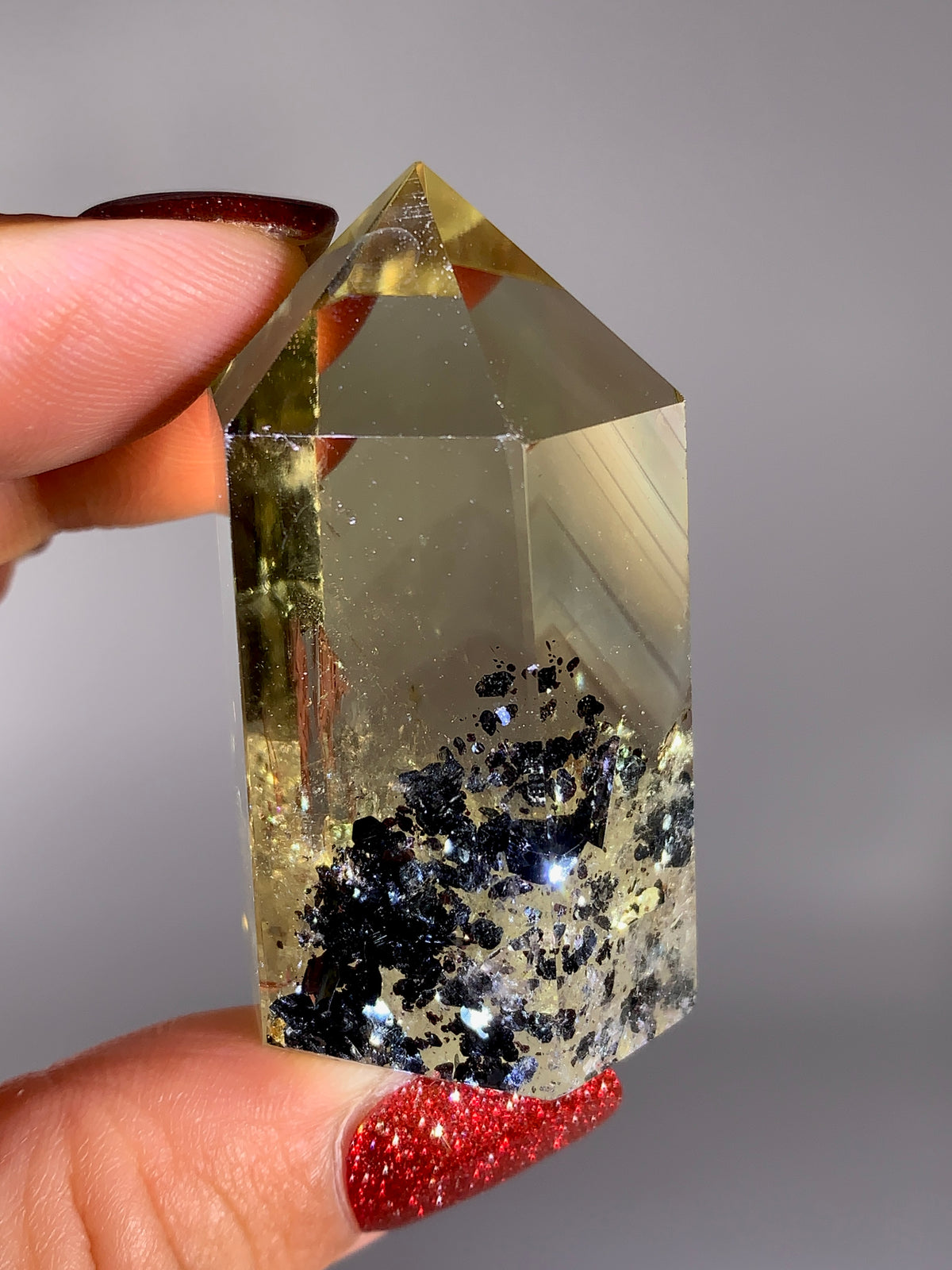 Collector’s Piece Rare Natural Citrine Tower with Phantom, Sparkling Black Hematite & Natural Rainbow Inclusions | Brazilian Quartz