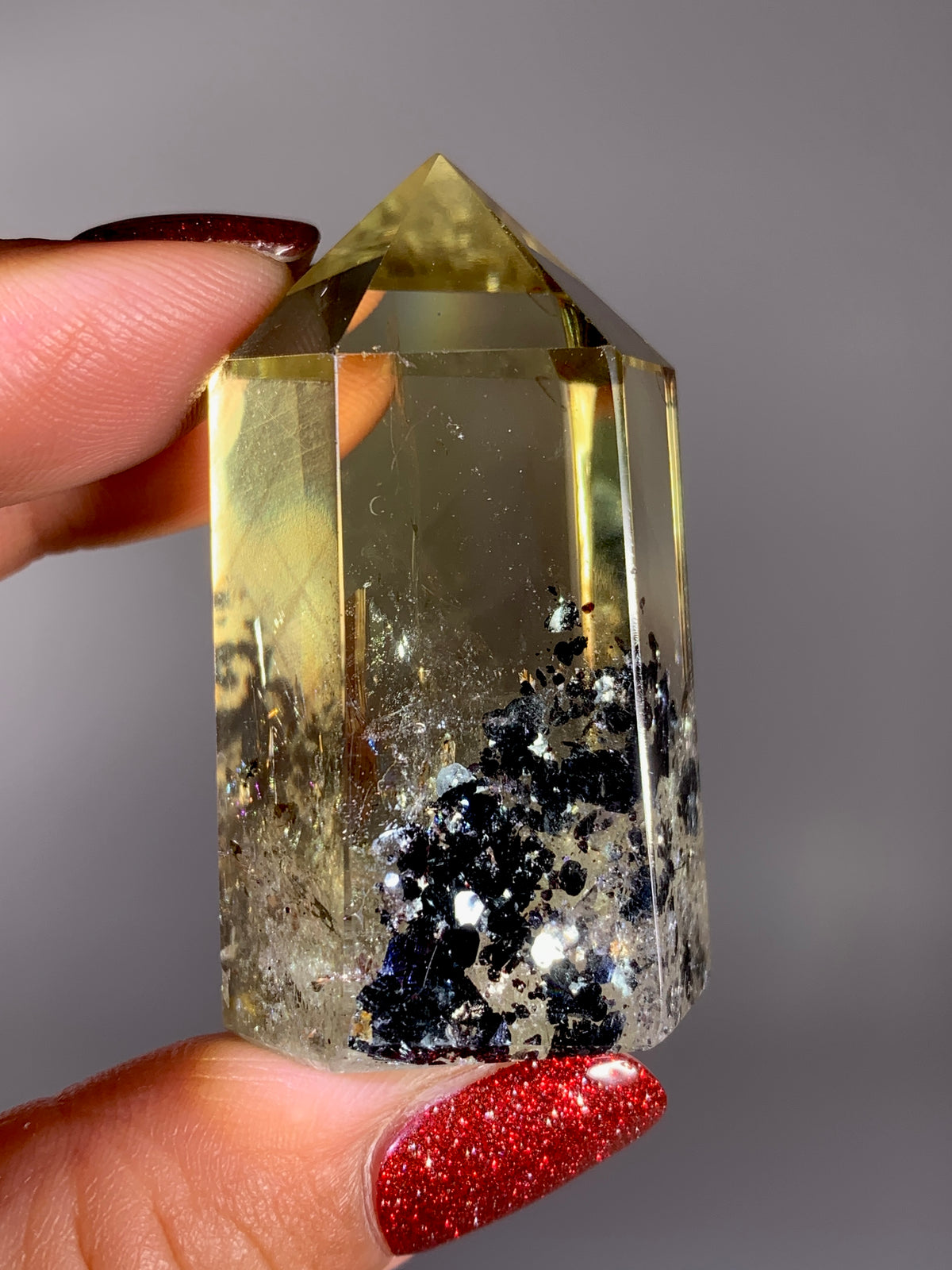 Collector’s Piece Rare Natural Citrine Tower with Phantom, Sparkling Black Hematite & Natural Rainbow Inclusions | Brazilian Quartz