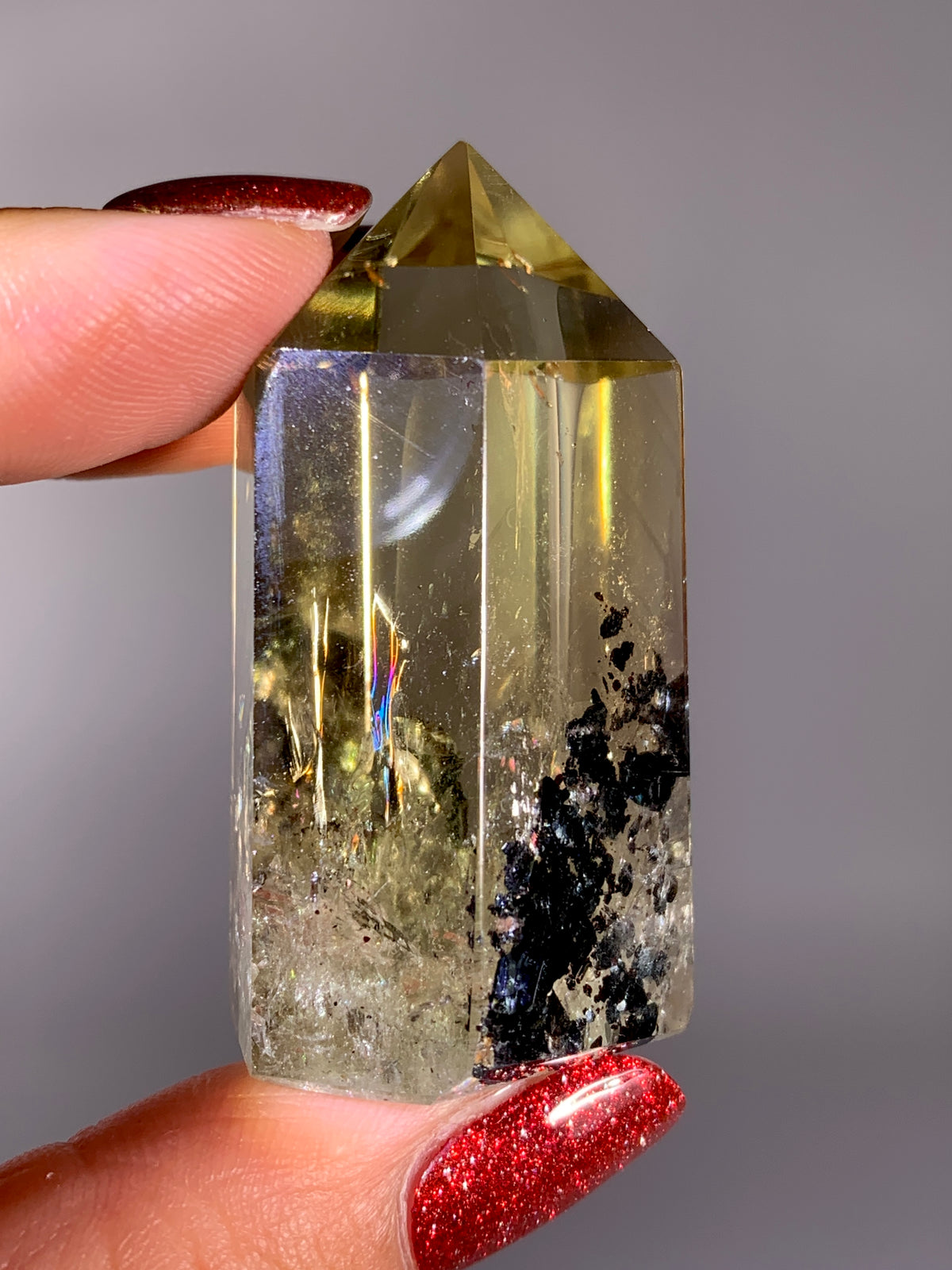 Collector’s Piece Rare Natural Citrine Tower with Phantom, Sparkling Black Hematite & Natural Rainbow Inclusions | Brazilian Quartz