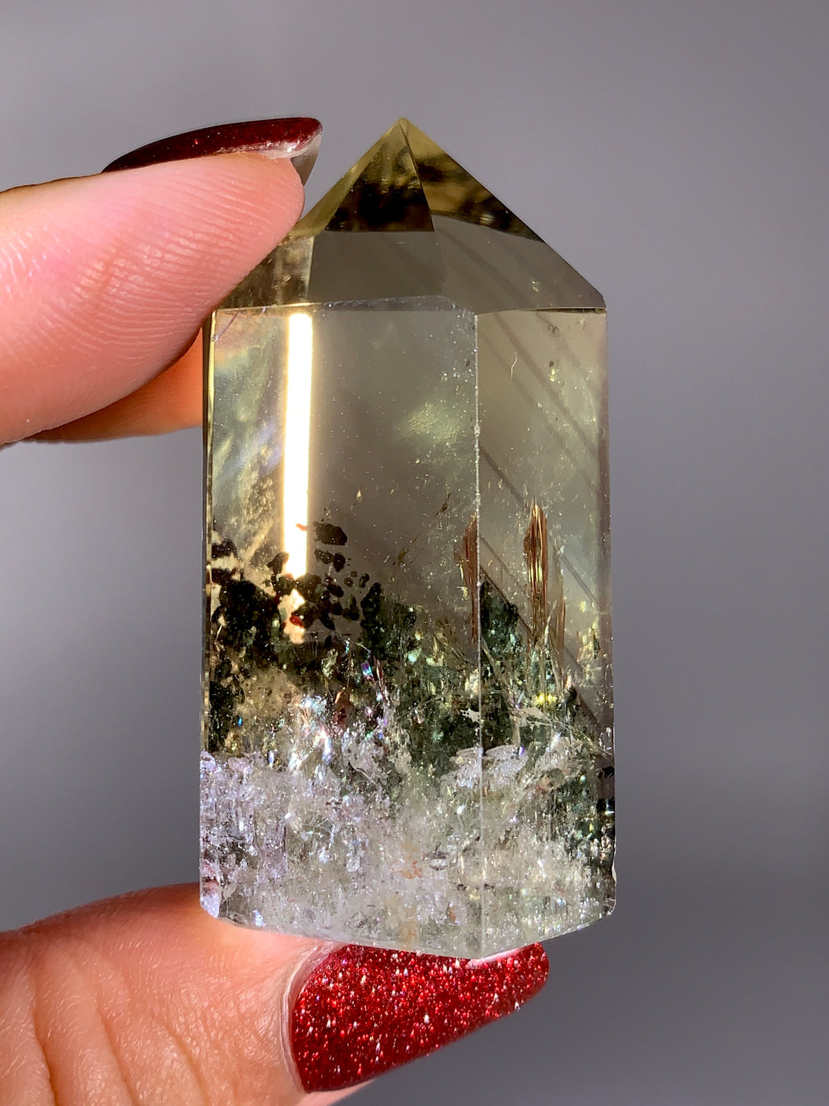 Collector’s Piece Rare Natural Citrine Tower with Phantom, Sparkling Black Hematite & Natural Rainbow Inclusions | Brazilian Quartz