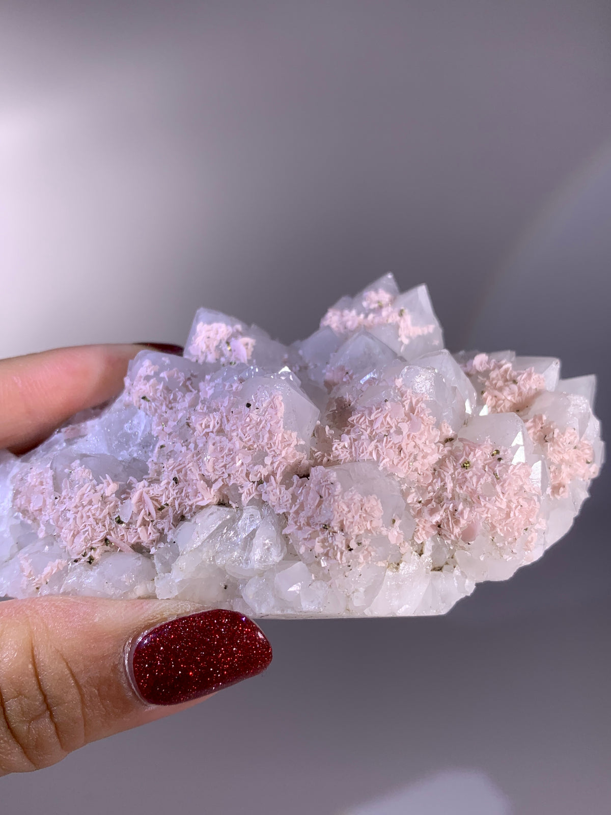 Rare Baby Pink Rhodochrosite & Pyrite on Quartz | Wutong Mine Mineral Specimen