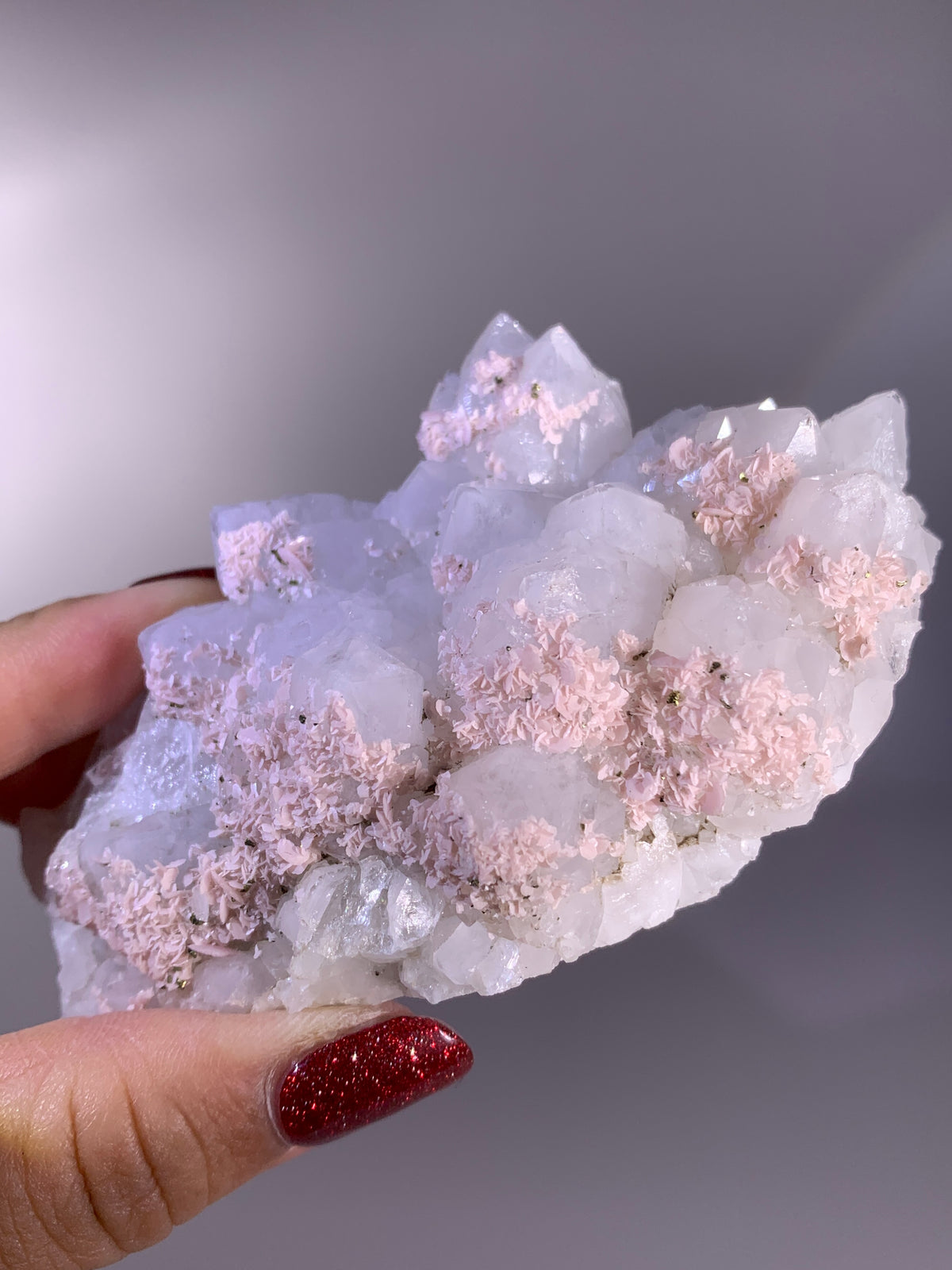 Rare Baby Pink Rhodochrosite & Pyrite on Quartz | Wutong Mine Mineral Specimen