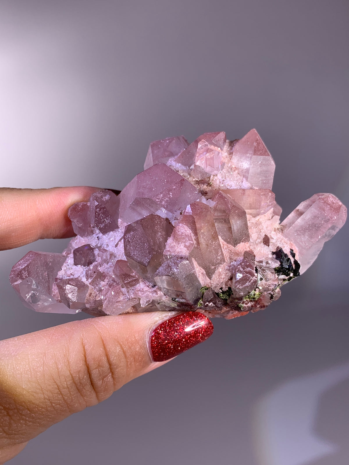Sparkling Pink Hematite-Coated Quartz Cluster with Sugar Quartz & Epidote Garden Quartz | Meigu Mine Mineral Specimen