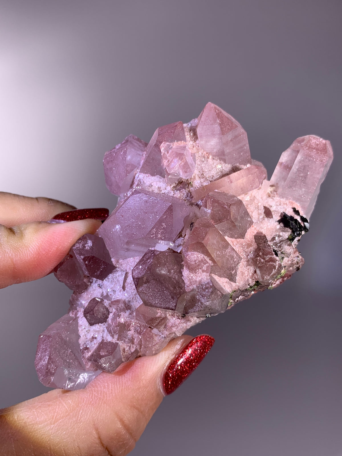 Sparkling Pink Hematite-Coated Quartz Cluster with Sugar Quartz & Epidote Garden Quartz | Meigu Mine Mineral Specimen