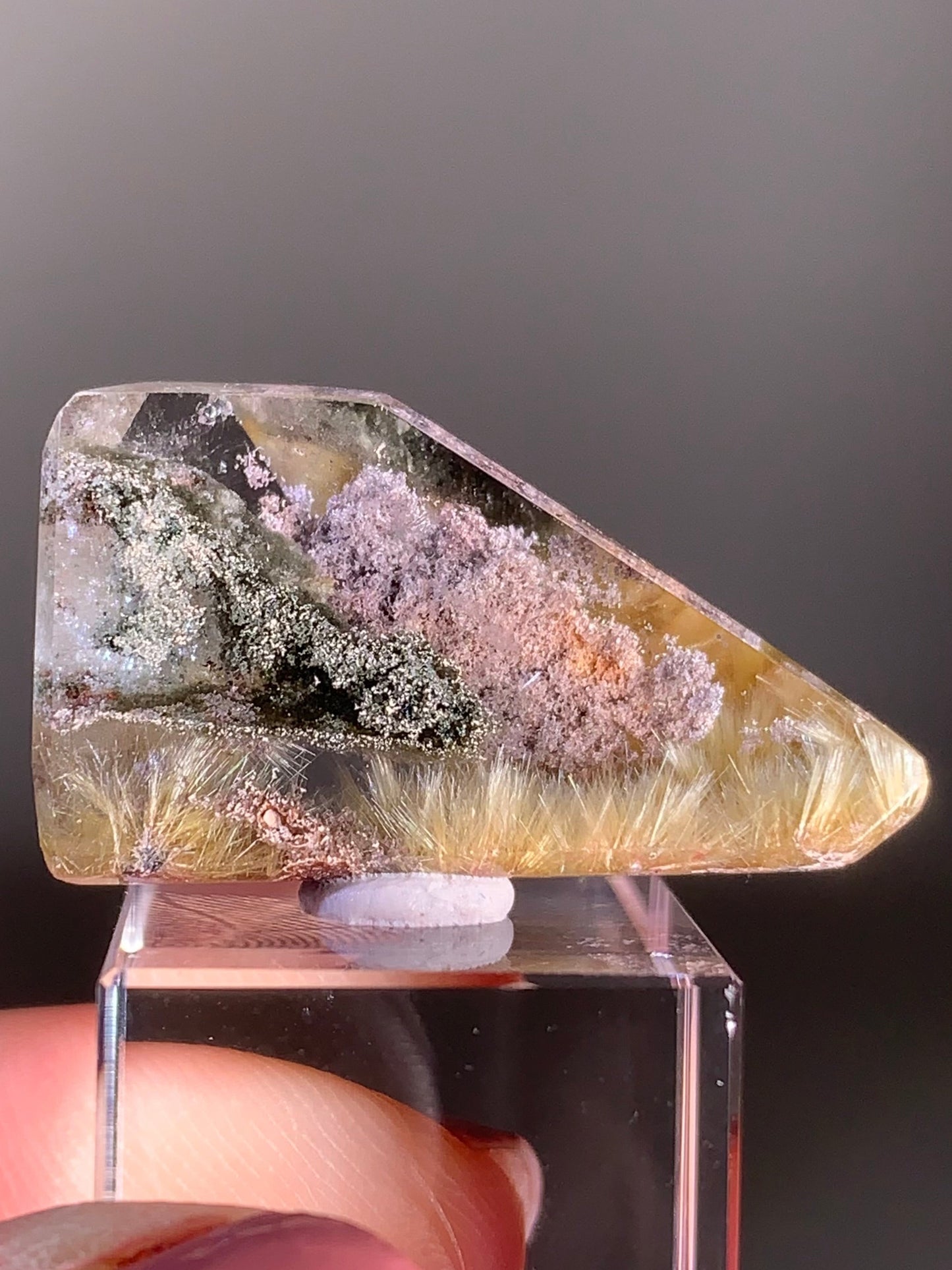 High-Quality Rutile Flower Quartz with Green & Purple Garden Inclusions Polished Freeform from Brazil