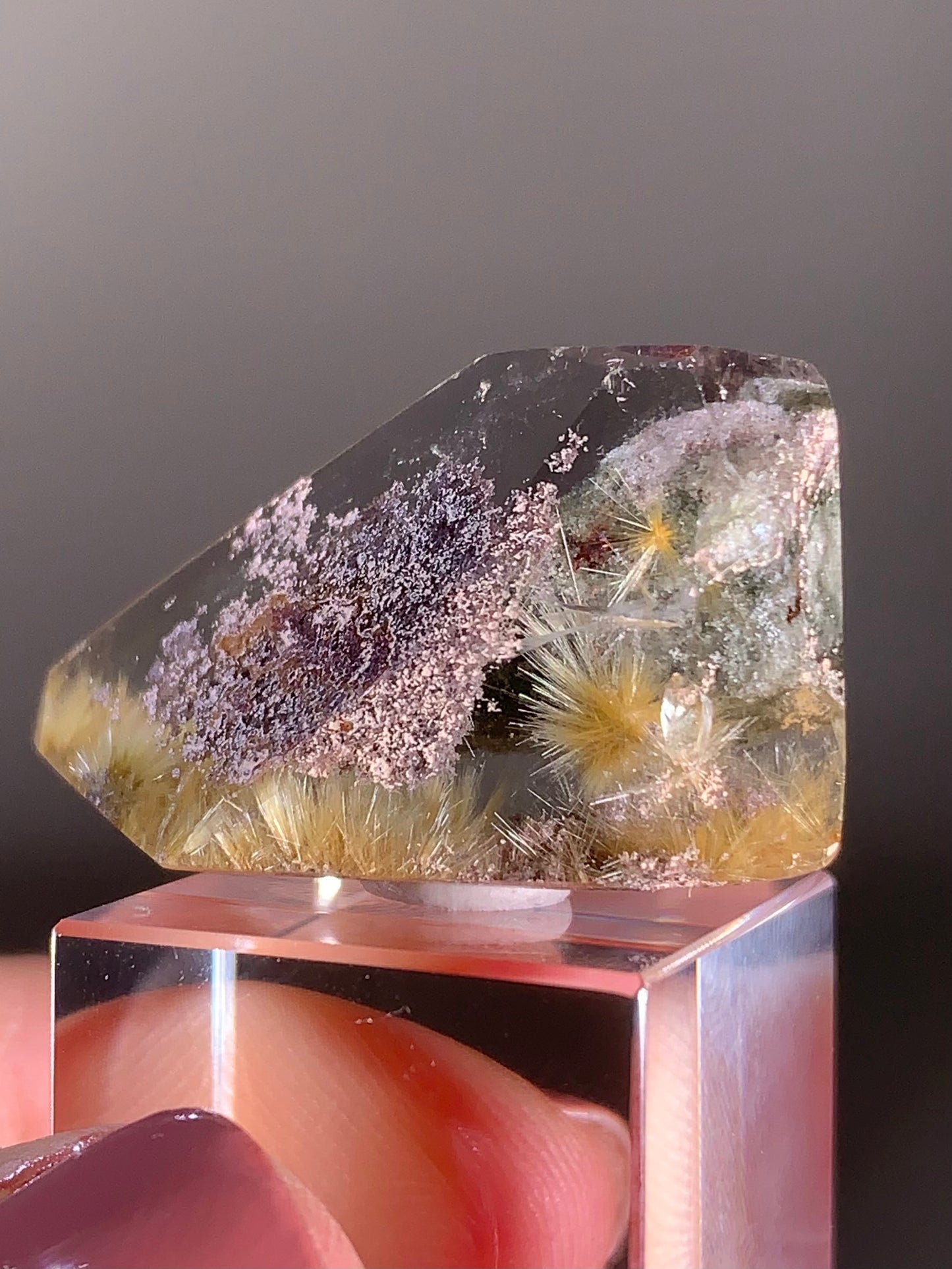 High-Quality Rutile Flower Quartz with Green & Purple Garden Inclusions Polished Freeform from Brazil