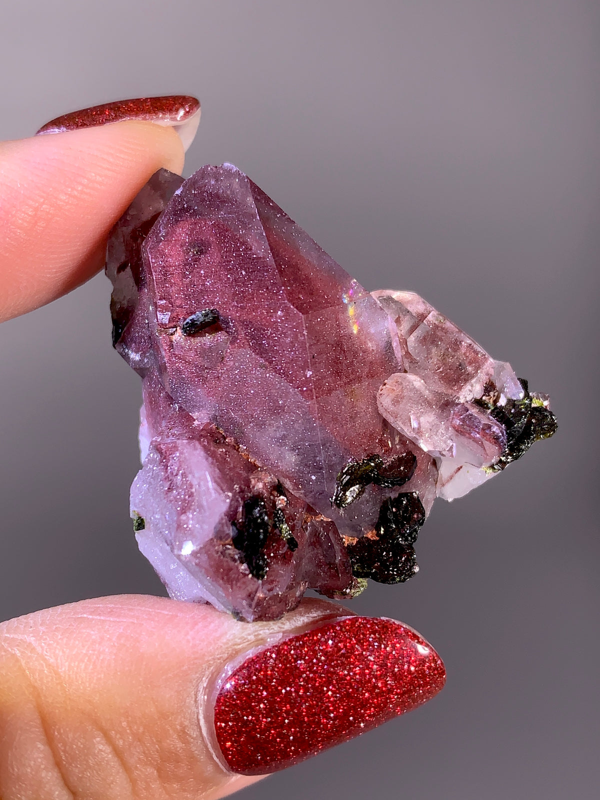 Sparkling Raspberry Hematite Phantom Garden Quartz with Epidote | Meigu Mine, China