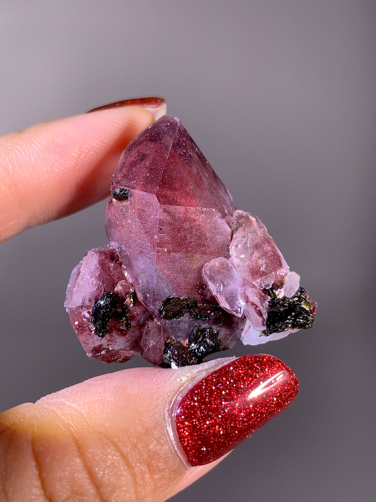 Sparkling Raspberry Hematite Phantom Garden Quartz with Epidote | Meigu Mine, China