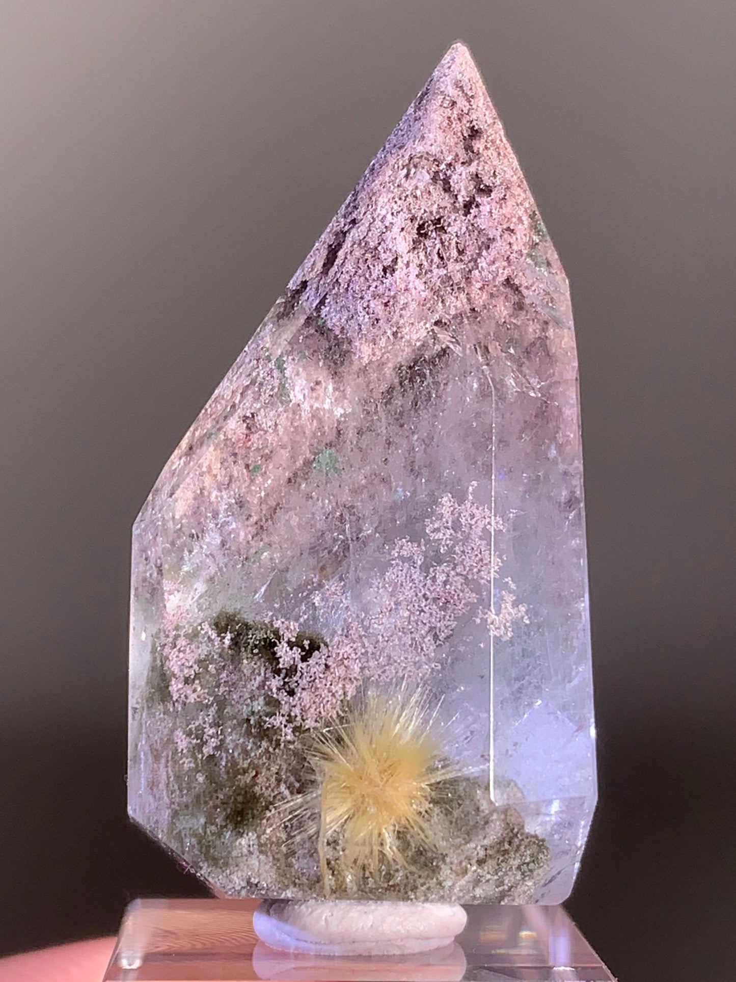 High-Quality Rutile Flower Quartz with Green & Purple Garden Inclusions Polished Freeform from Brazil