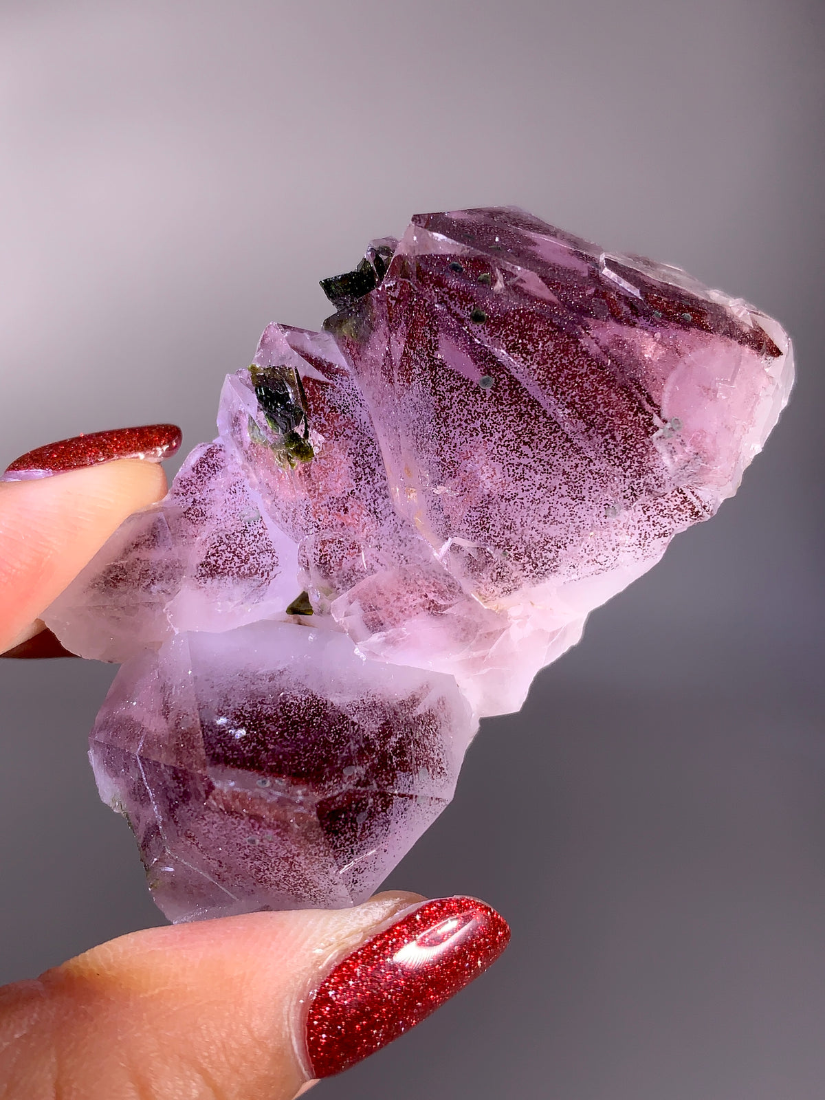 Sparkling Wine-Red Hematite Phantom Garden Quartz with Epidote | Meigu Mine, China