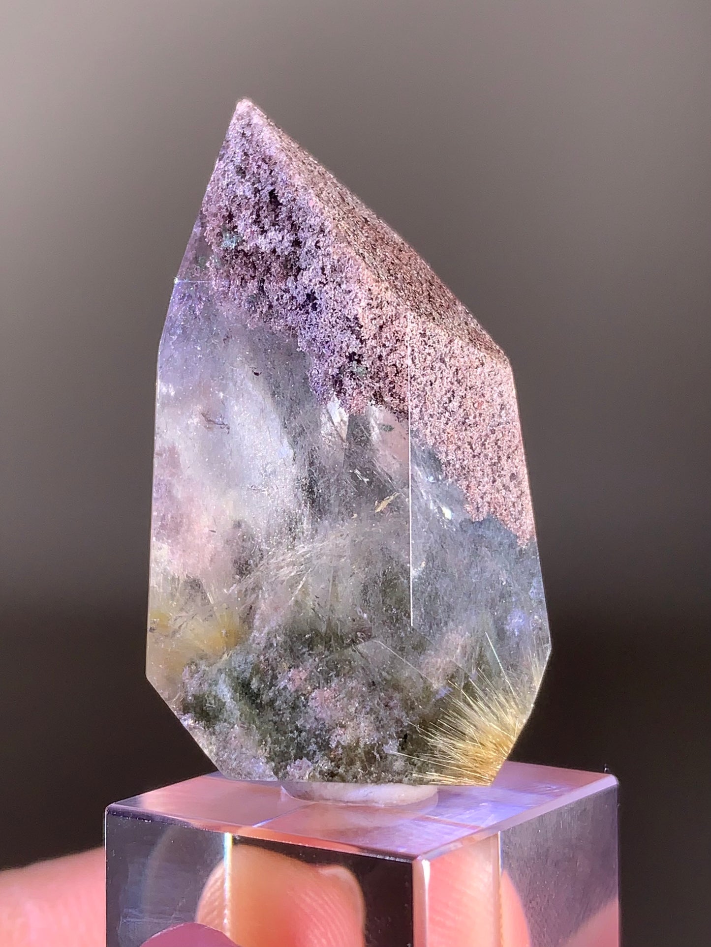 High-Quality Rutile Flower Quartz with Green & Purple Garden Inclusions Polished Freeform from Brazil