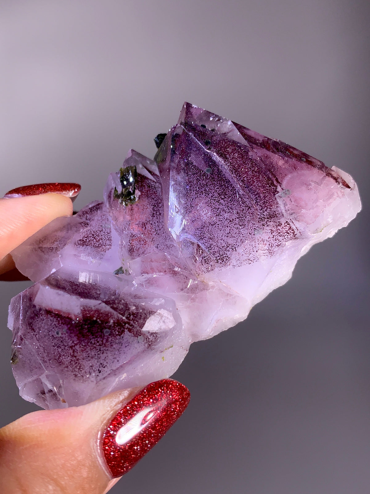 Sparkling Wine-Red Hematite Phantom Garden Quartz with Epidote | Meigu Mine, China
