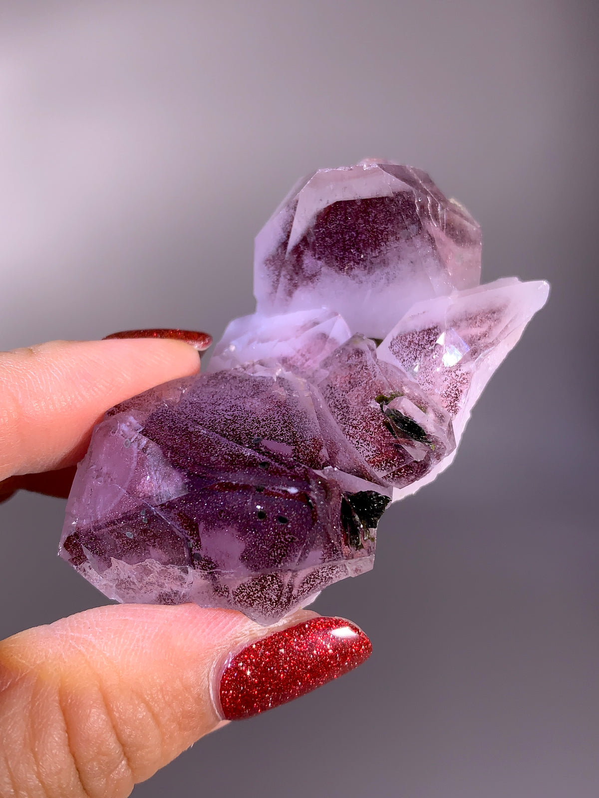 Sparkling Wine-Red Hematite Phantom Garden Quartz with Epidote | Meigu Mine, China