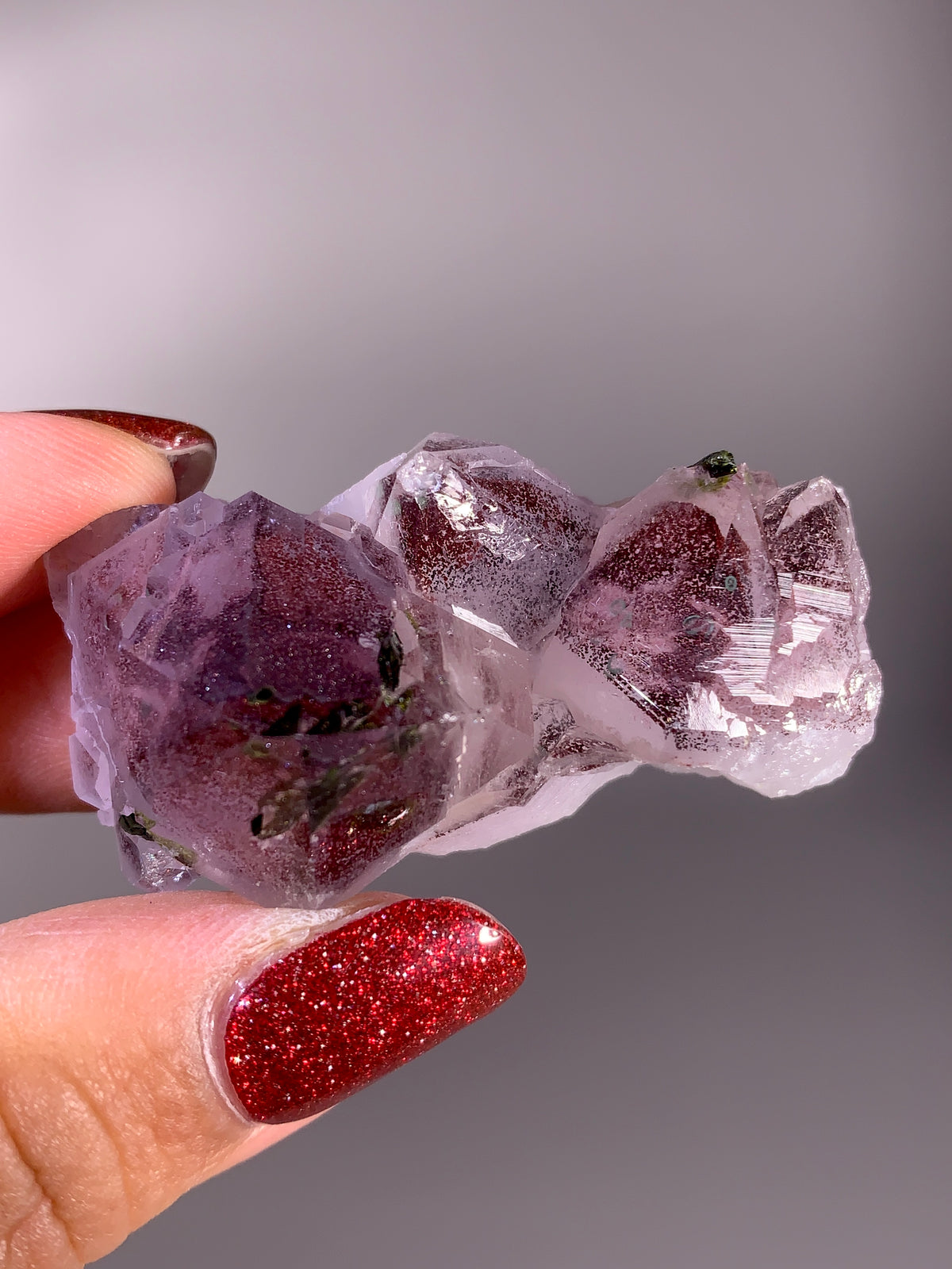 Sparkling Wine-Red Hematite Phantom Garden Quartz with Epidote | Meigu Mine, China