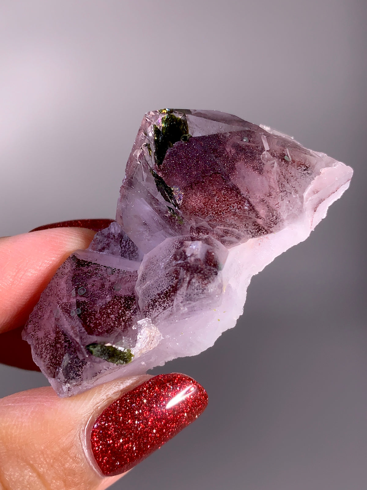 Sparkling Wine-Red Hematite Phantom Garden Quartz with Epidote | Meigu Mine, China