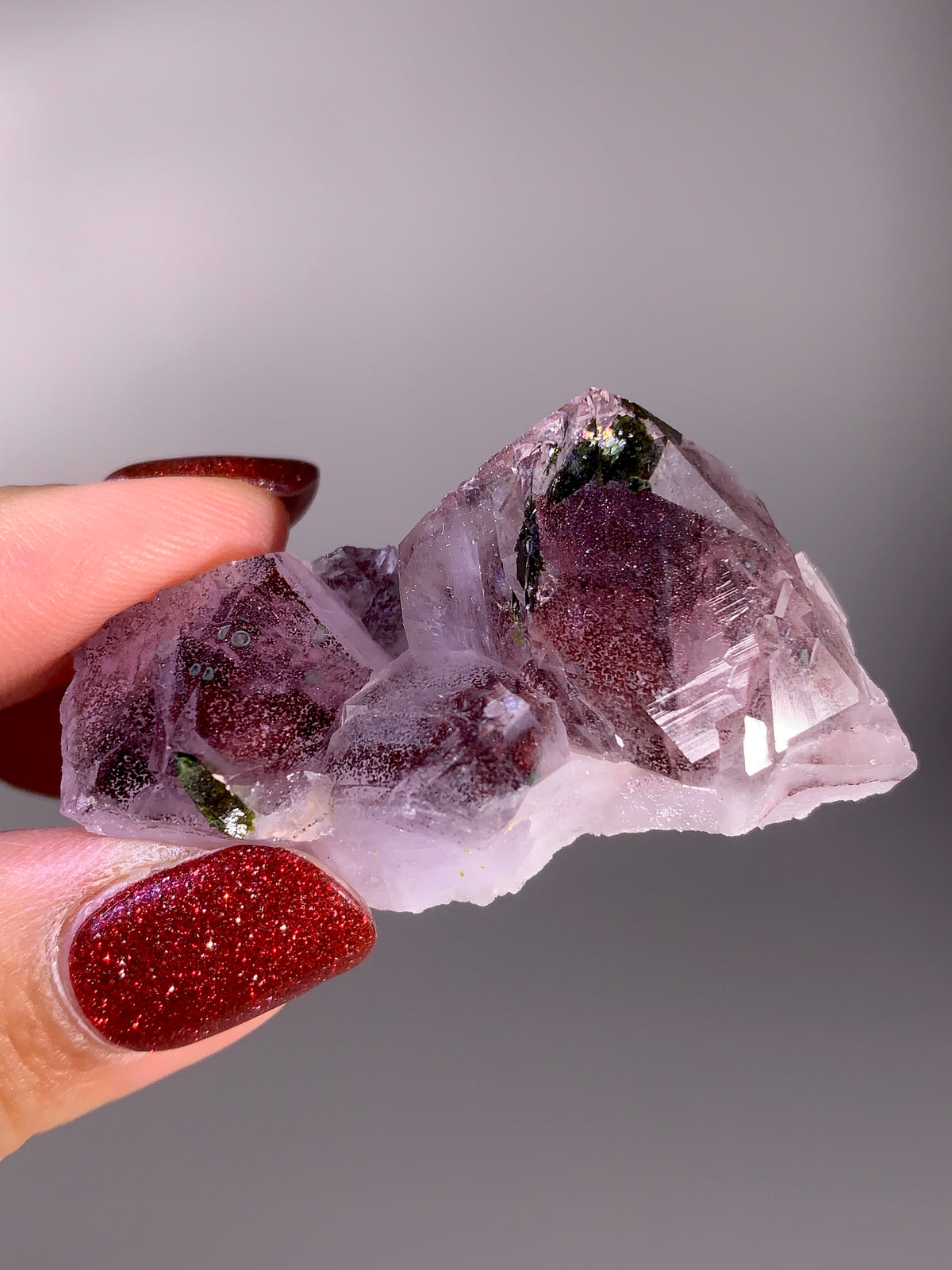 Sparkling Wine-Red Hematite Phantom Garden Quartz with Epidote | Meigu Mine, China