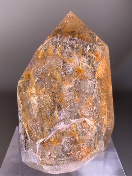 Collector's Piece Gold Flower Rutile Quartz Polished Tower with light pink Garden Inclusions from Brazil