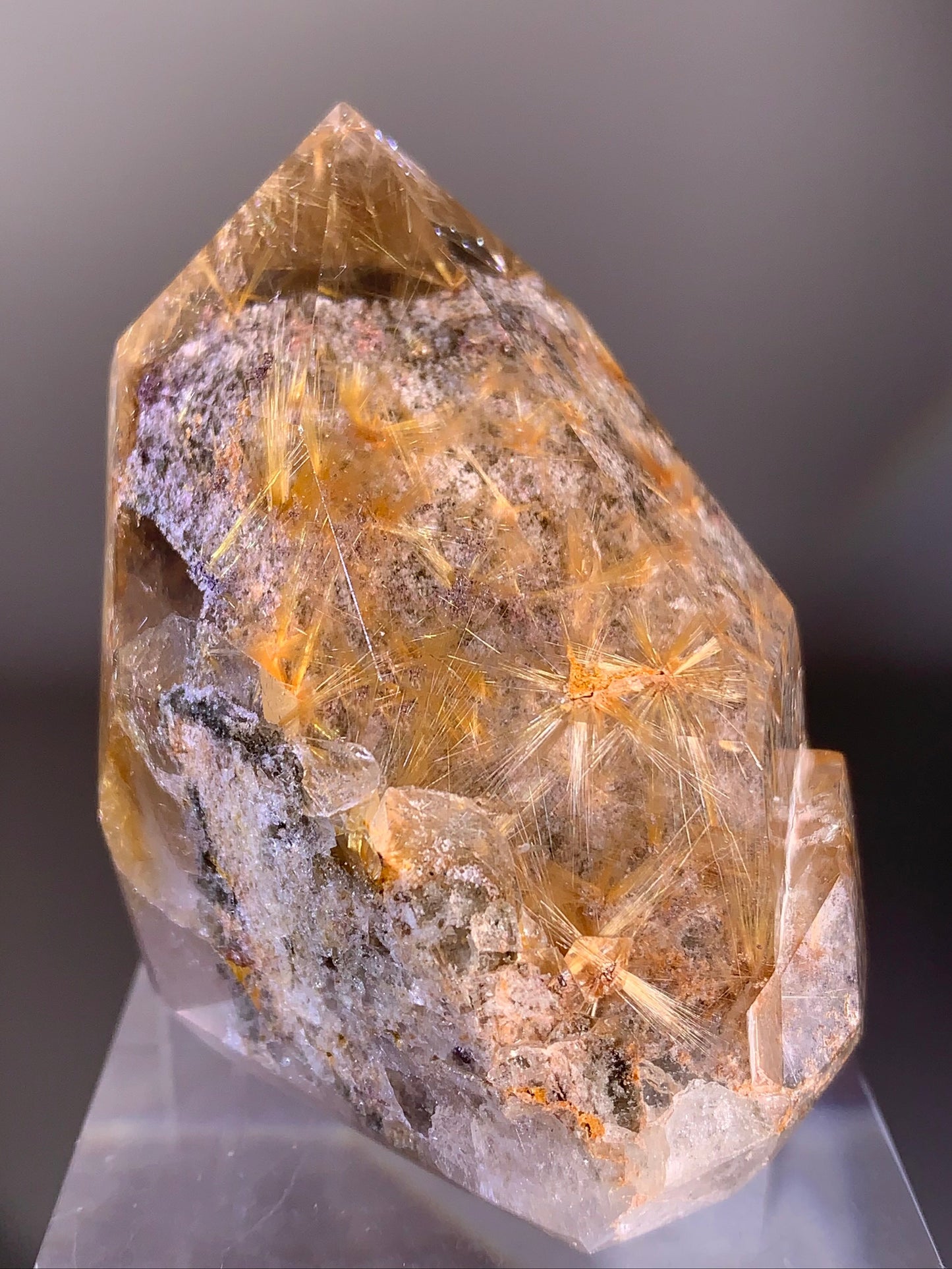 Collector's Piece Gold Flower Rutile Quartz Polished Tower with light pink Garden Inclusions from Brazil