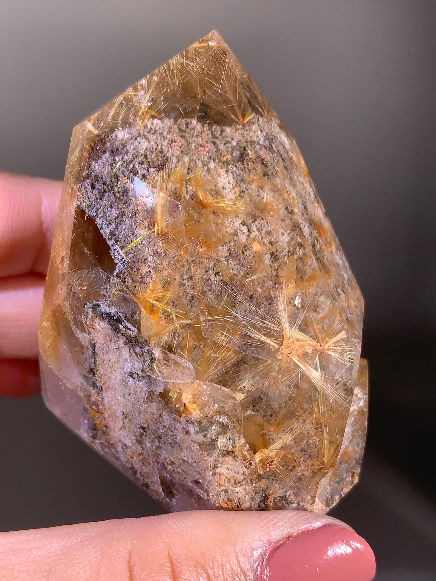 Collector's Piece Gold Flower Rutile Quartz Polished Tower with light pink Garden Inclusions from Brazil