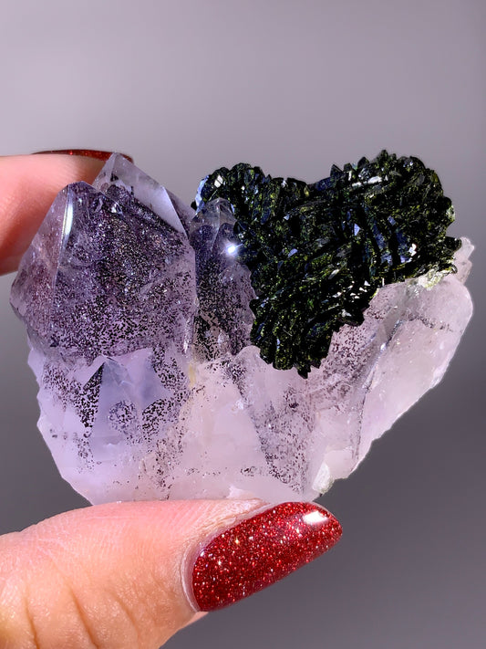 Sparkling Black Hematite Phantom with Epidote Garden Quartz | Meigu Mine, Sichuan, China