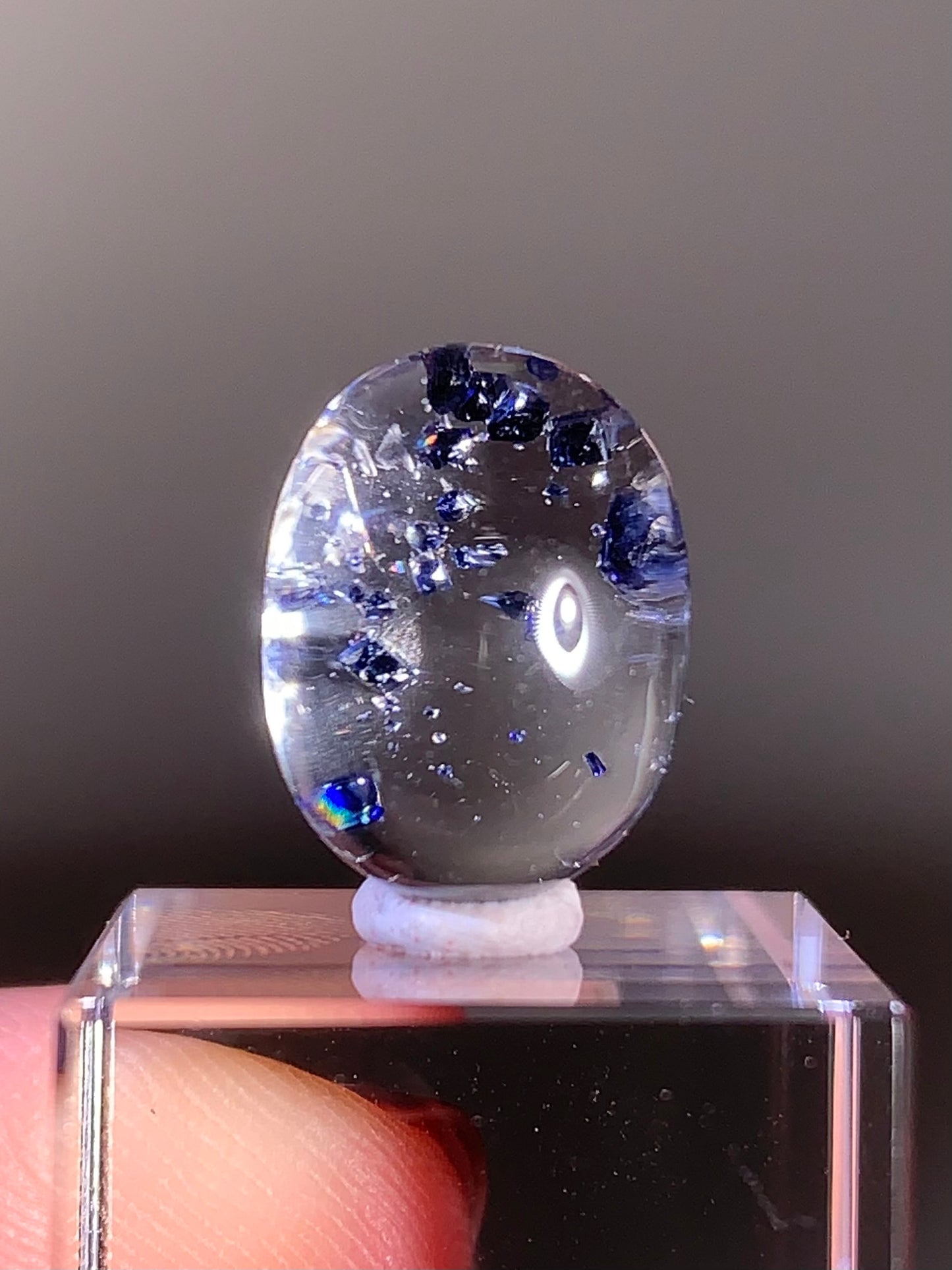 Collector-Grade Extremely Rare Clear Quartz Cabochon with Sapphire-Blue Color Anatase Inclusions from Madagascar