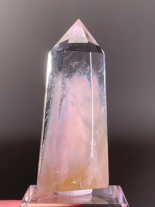 High-Quality Pink Amphibole Phantom With Green Garden Quartz Polished Tower