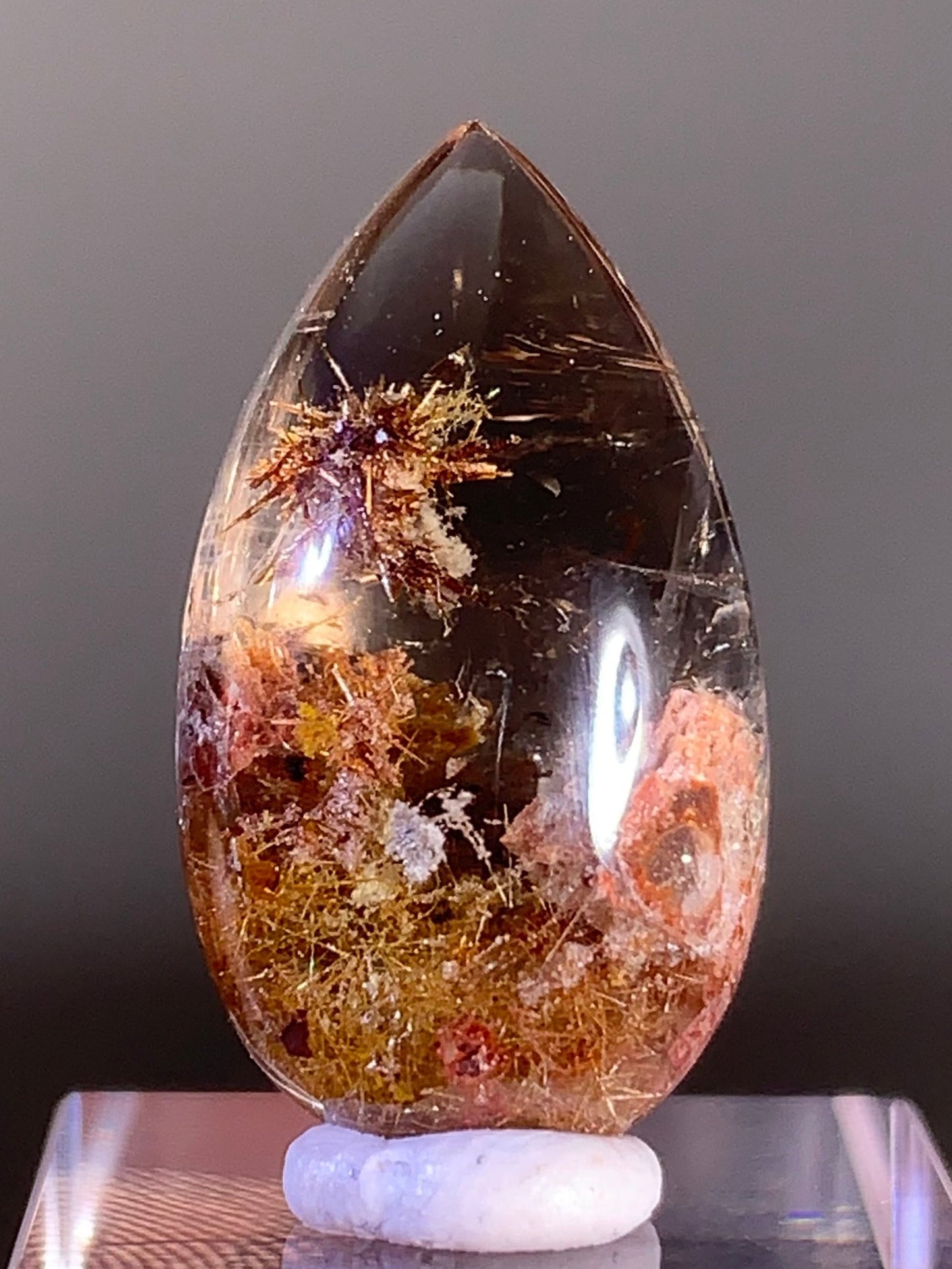 Bronze and Gold Flower Rutile Quartz Flower in Quartz Polished Cabochon from Brazil